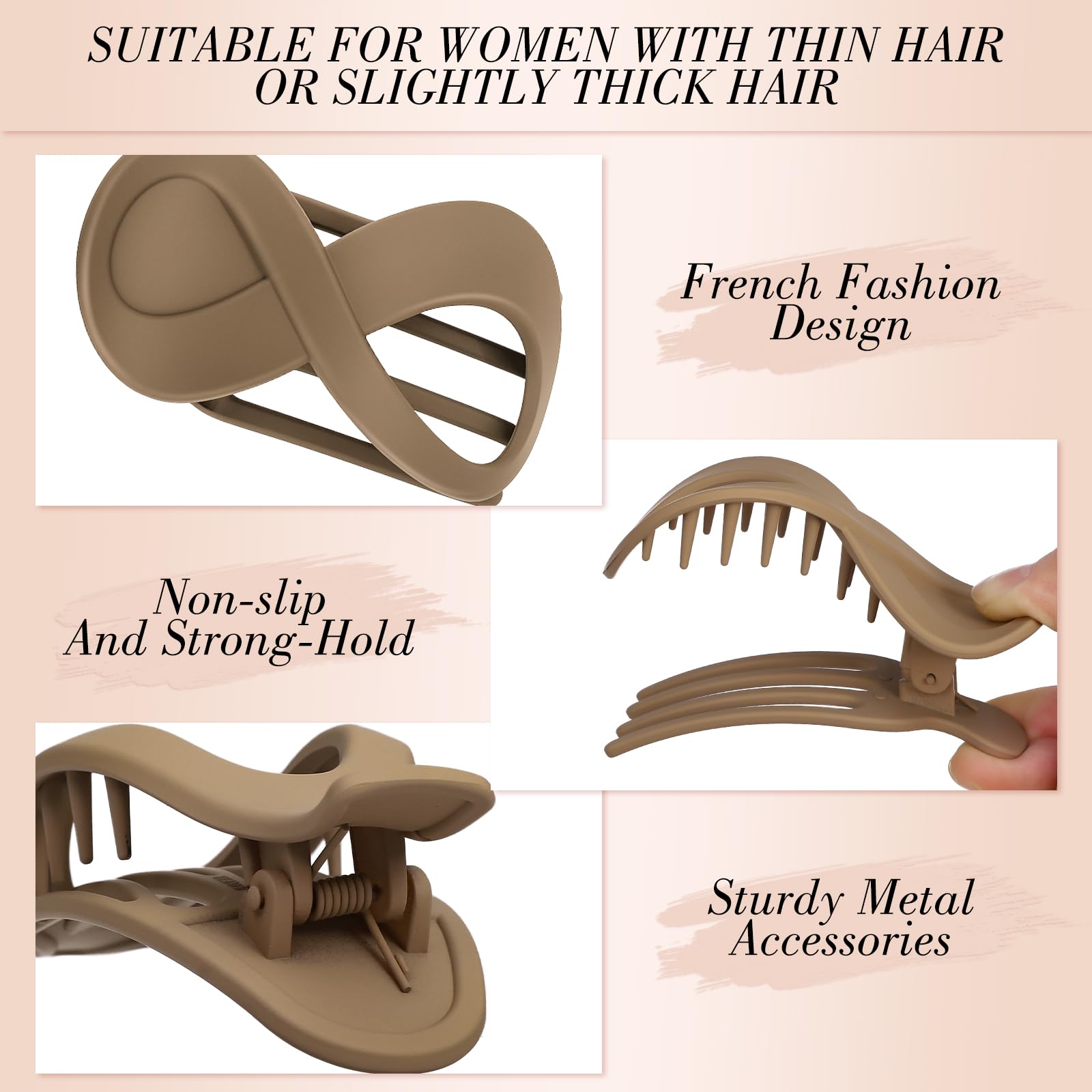 Obeoby 8 Pcs Flat Claw Clips for Women, Strong Hold French Flat Hair Clips for Thick Thin Hair Barrettes Accessories Round Large Medium (Tortoiseshell)