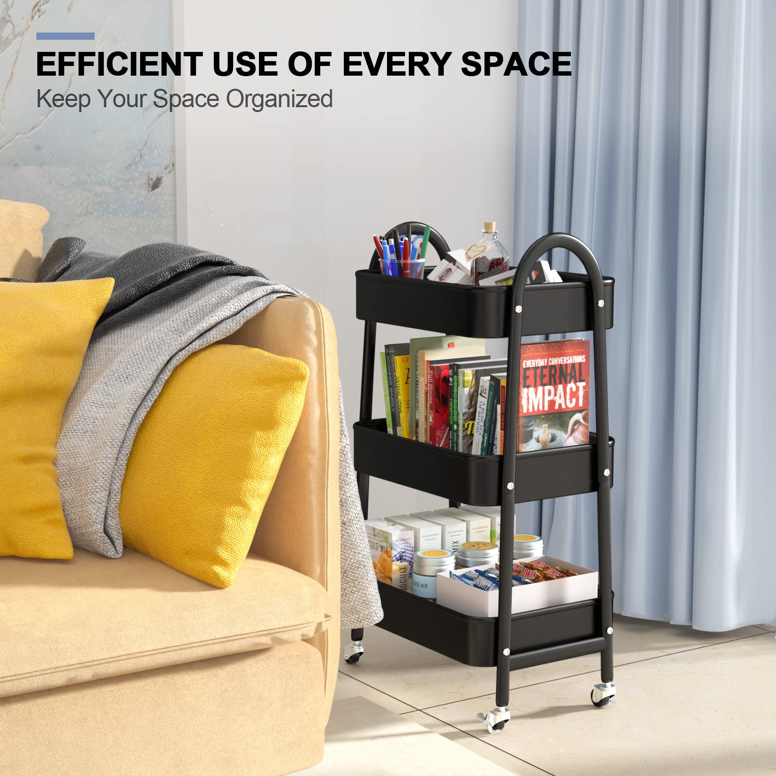 EAGMAK 3 Tier Rolling Cart, Large Metal Storage Cart with Handle and Lockable Wheels, Big Multifunctional Storage Organizer Trolley with Mesh Baskets for Kitchen, Living Room, Office, Garage (Beige)