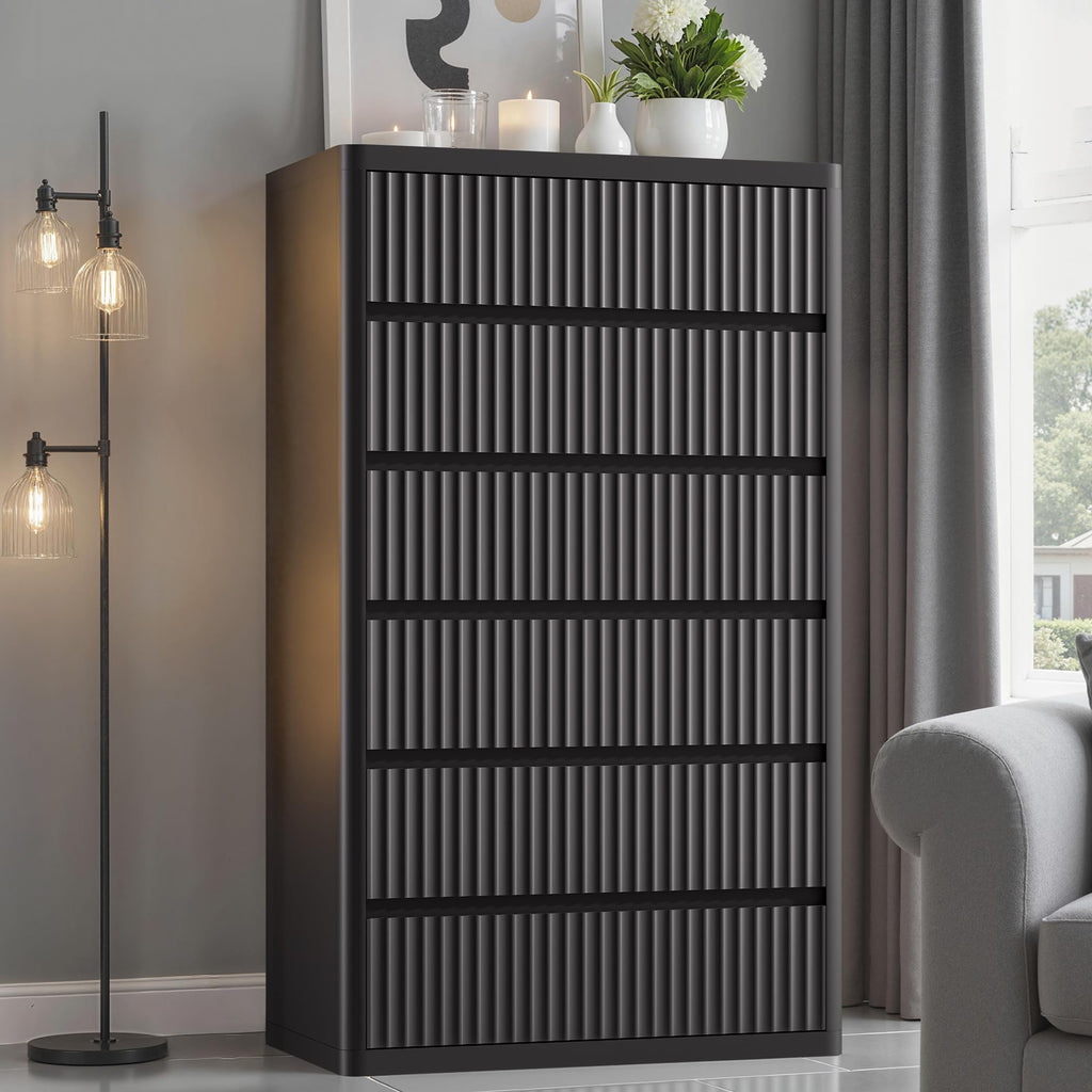 Standifurno Black 56" Tall Dresser for Bedroom, Fluted Modern 6 Drawers Deep Dressers, Wood Chest of Drawers with Handleless, Curved Profil Storage Closet Dressers for Bedroom, Living Room, Hallway