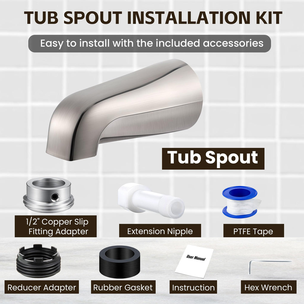 Dreyoo Tub Spout (Universal Fits 1/2" Copper Pipe, 1/2" IPS and 3/4" IPS), Bathroom Bathtub Faucet with Adapters and Hex Wrench(Brushed Nickel,Simple)