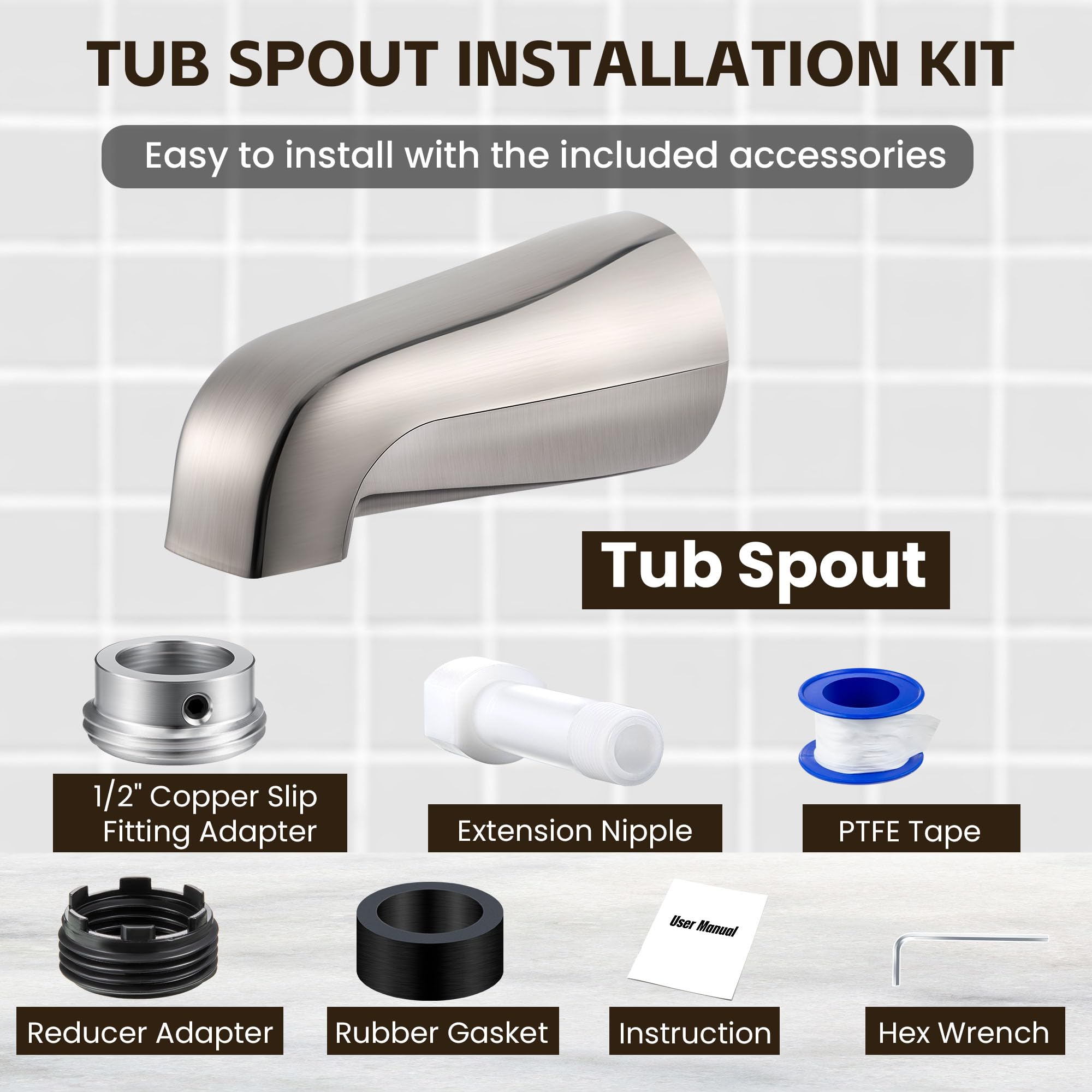 Dreyoo Tub Spout (Universal Fits 1/2" Copper Pipe, 1/2" IPS and 3/4" IPS), Bathroom Bathtub Faucet with Adapters and Hex Wrench(Brushed Nickel,Simple)