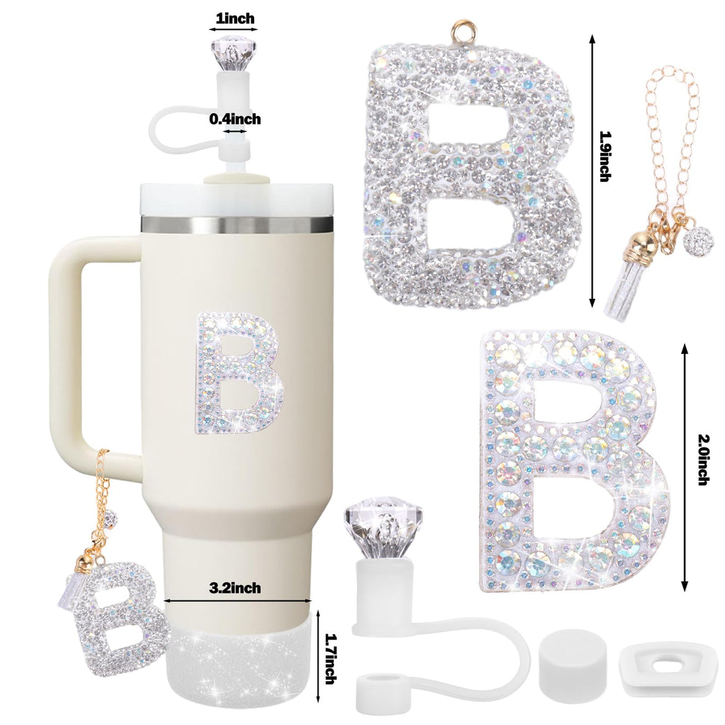 Mity rain Accessories Set for Stanley Cup, Initials Decorations for Tumbler Cup 30/40OZ, Including Diamond Straw Topper/Spill Proof Stopper/Sparkly Silicone Boot Set/Letter Charms for Handle A-Z (A-)
