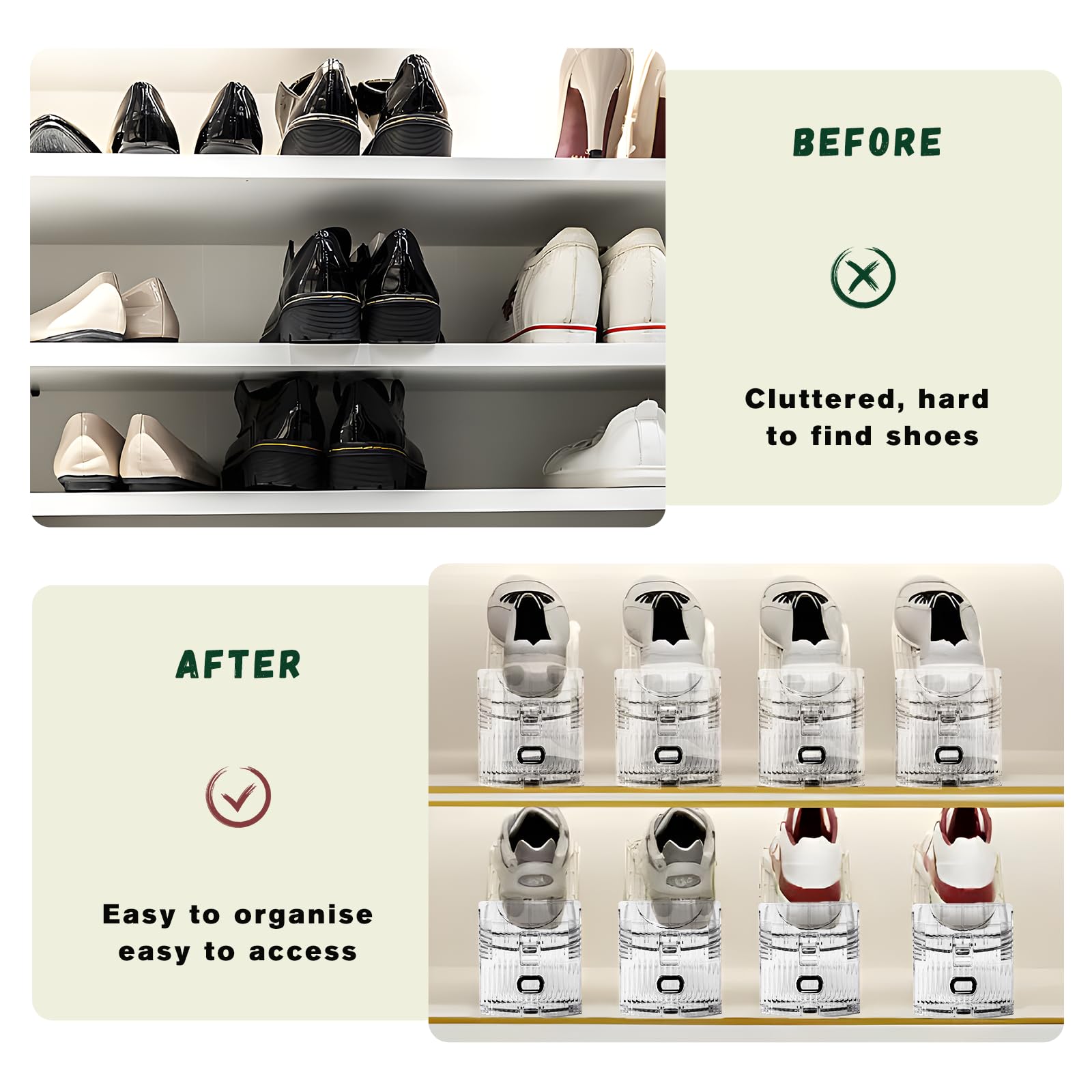 FENRUNXU Shoe Slots Organizer for Closet, Shoe Stacker Organizer Double Layer Stack Shoe Rack, Shoe Display Shelf 50% Space Saver Storage Holder for Closet, 12PACK
