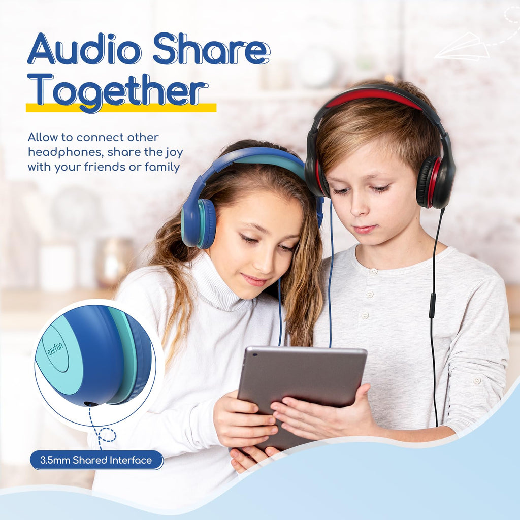 EarFun K1 Kids Headphones Wired with Microphone, 85/94dB Volume Limit Headphones for Kids, Portable Wired Headphone with Shareport, Stereo Sound Foldable Headset for School/Tablet/iPad, Black Red