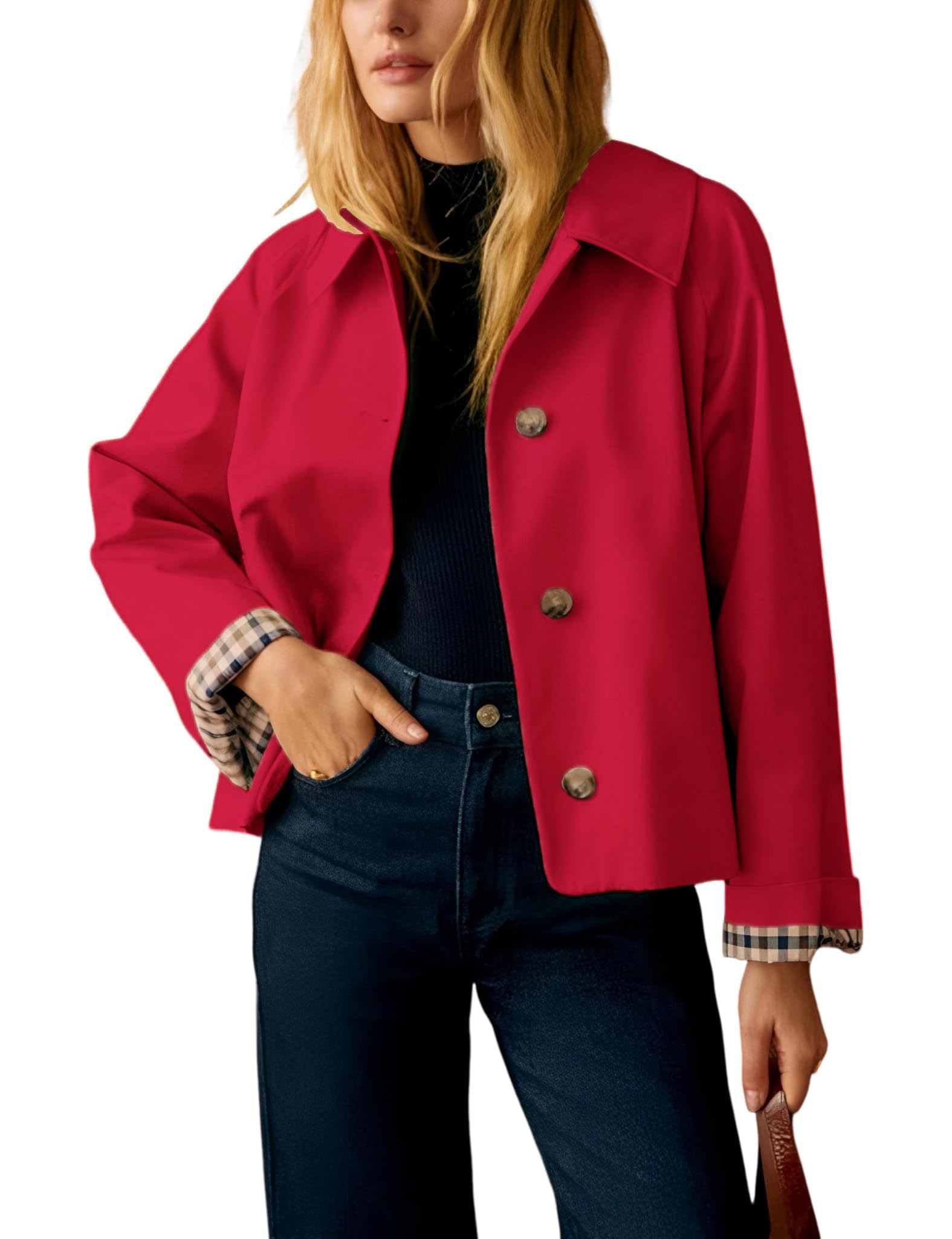 Yeokou Women Oversize Trench Coat Plaid Lining Lapel Button Down Casual Crop Jacket Outwear with Pockets