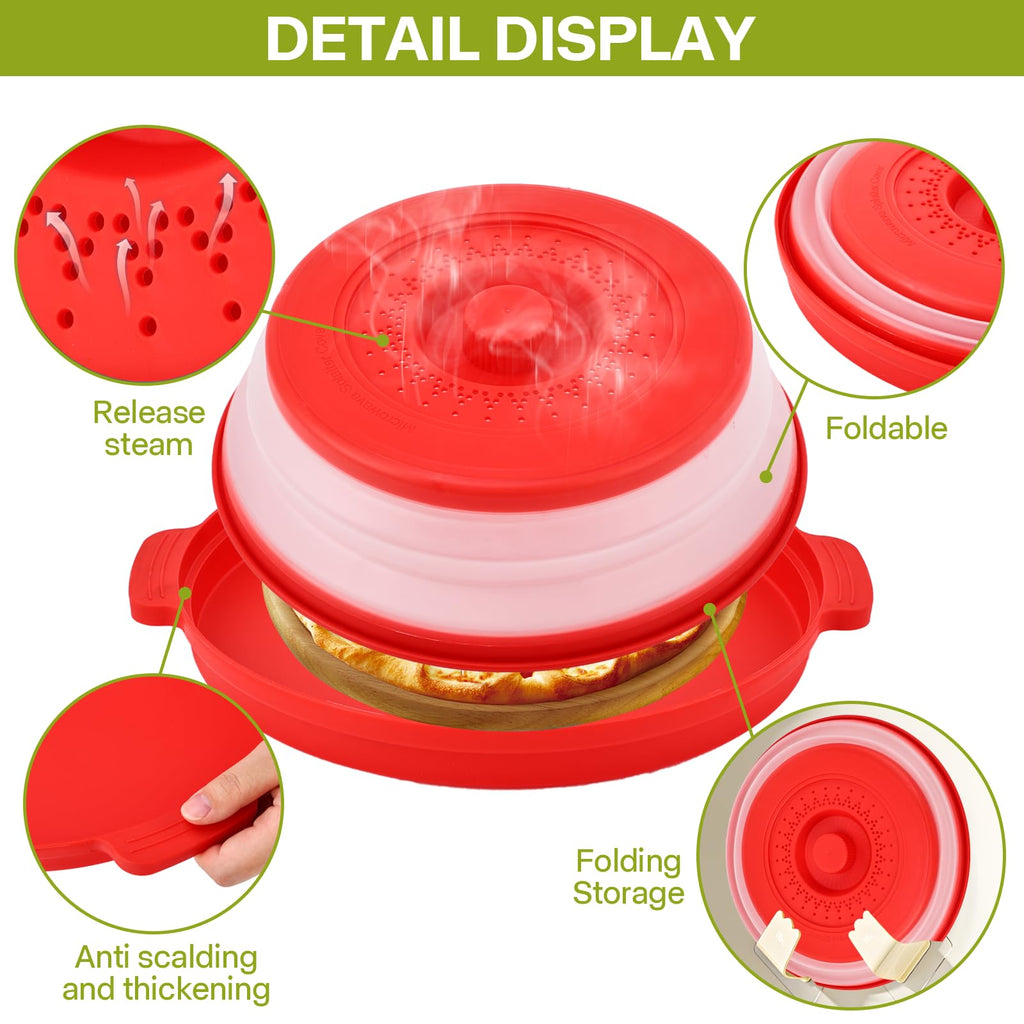 Microwave Splatter Cover for Food with Anti-scald Base Plate,Large Plastic & Silicone Vented Avoid Scalding Collapsible Guard Lid, Plate Holder & Kitchen Colander for Meal Prep-10.7 Inch (2 Pcs BRed)