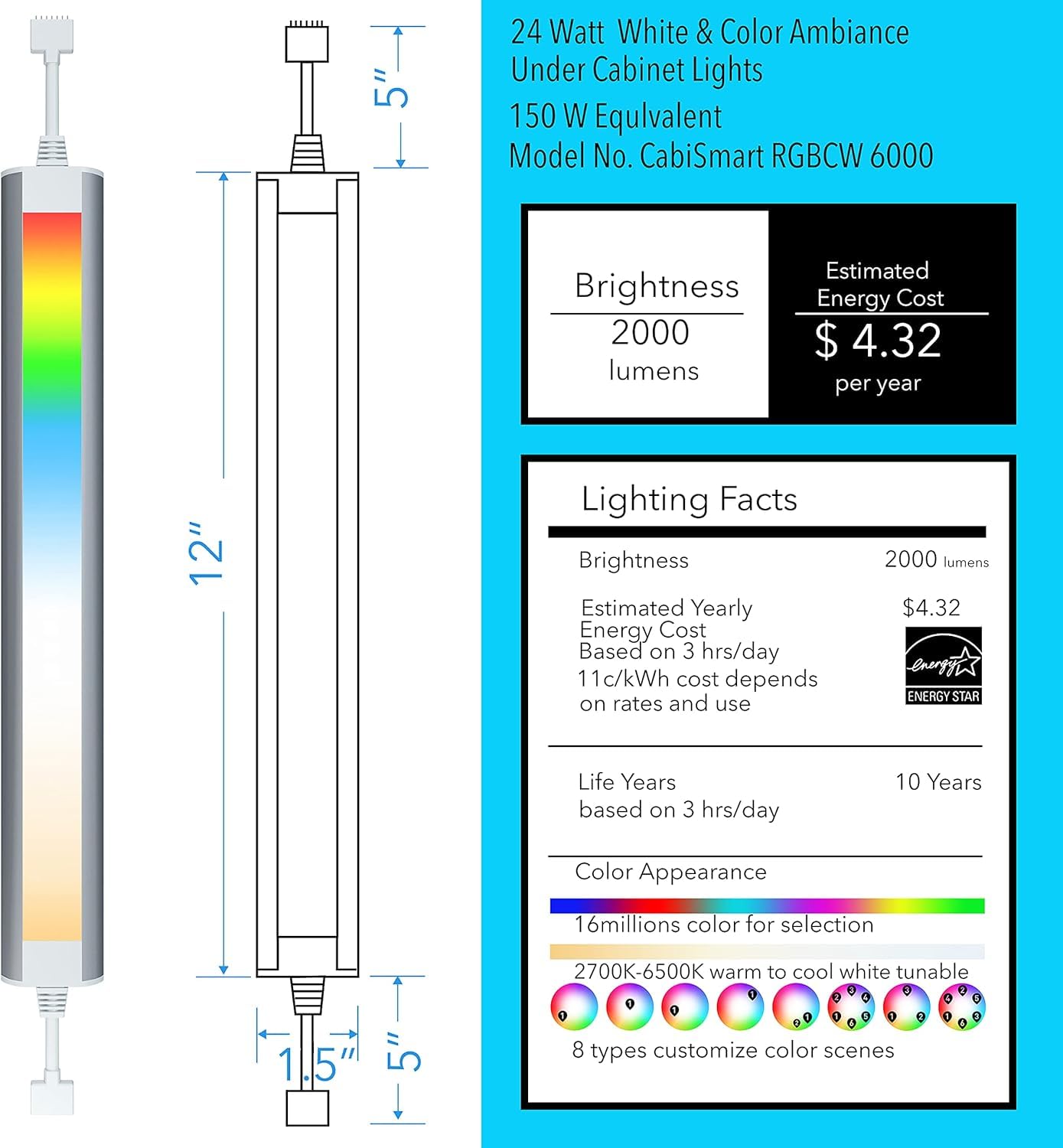 LED Light Bar,Plug-in, Dimmable, Adjustable White & RGB Color Changing, Alexa, Google Home Enabled Remote Counter Lights for Kitchen, Shelf, Cupboard, Desk, Monitor (1-Bar 12 Inch Kit)
