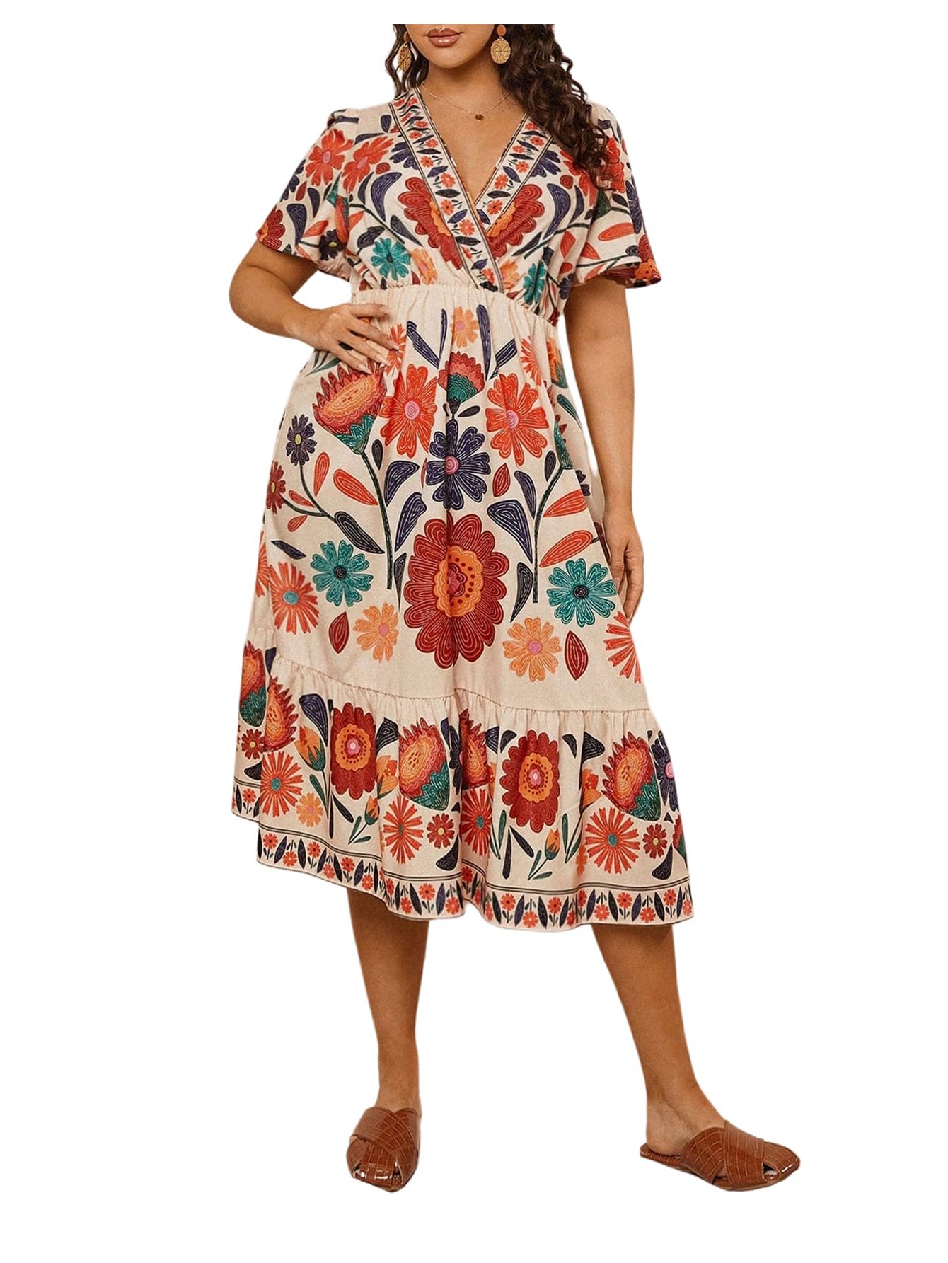 Floerns Women's Plus Size Boho Hawaiian Tropical Dresses V Neck Short Sleeve Floral A Line Long Dress Vacation Beach Outfits