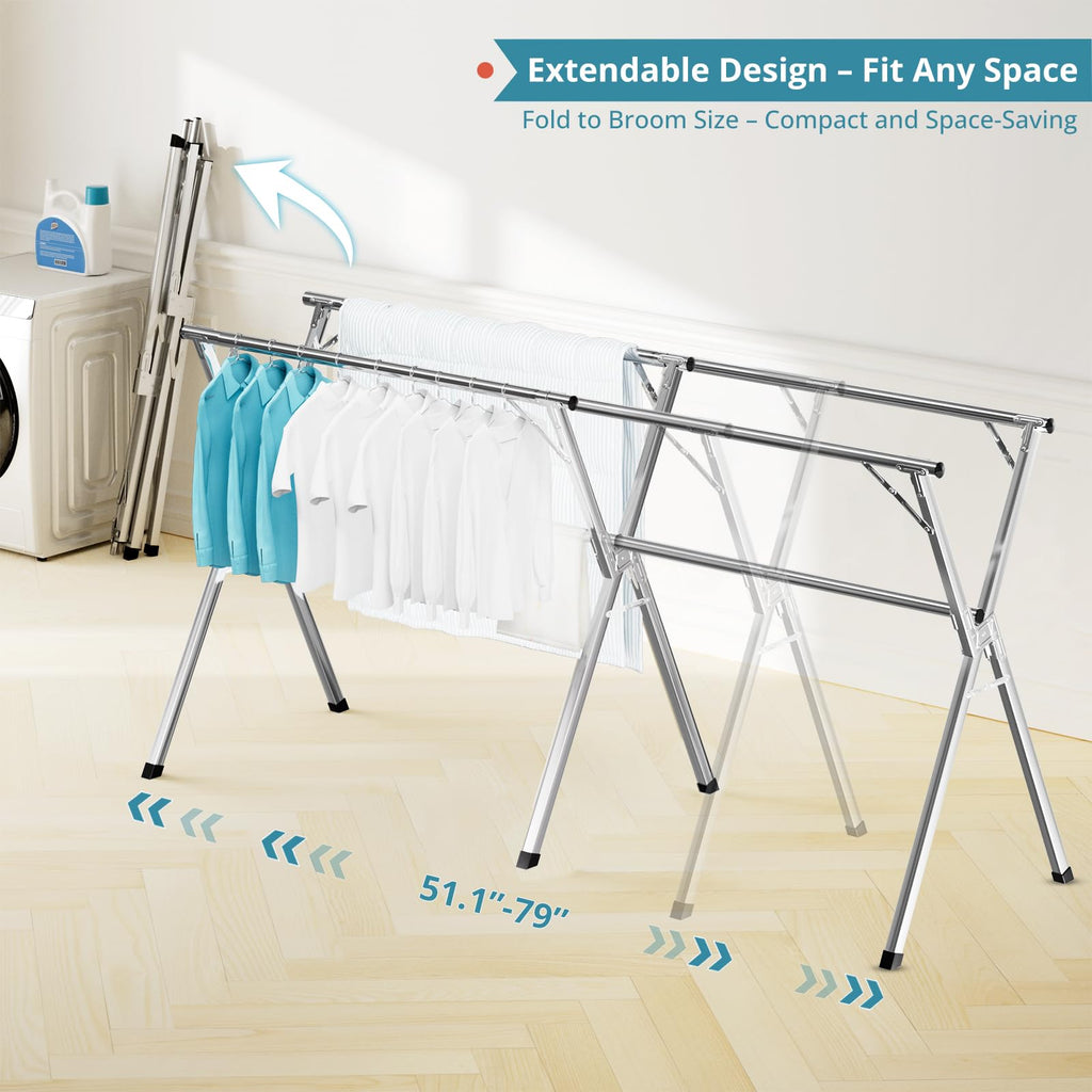 JAUREE 95 Inches Clothes Drying Rack, Drying Rack Clothing Folding Indoor Outdoor, Heavy Duty Stainless Steel Laundry Drying Rack, Foldable Portable Clothes Rack Garment Rack with 20 Hooks Black