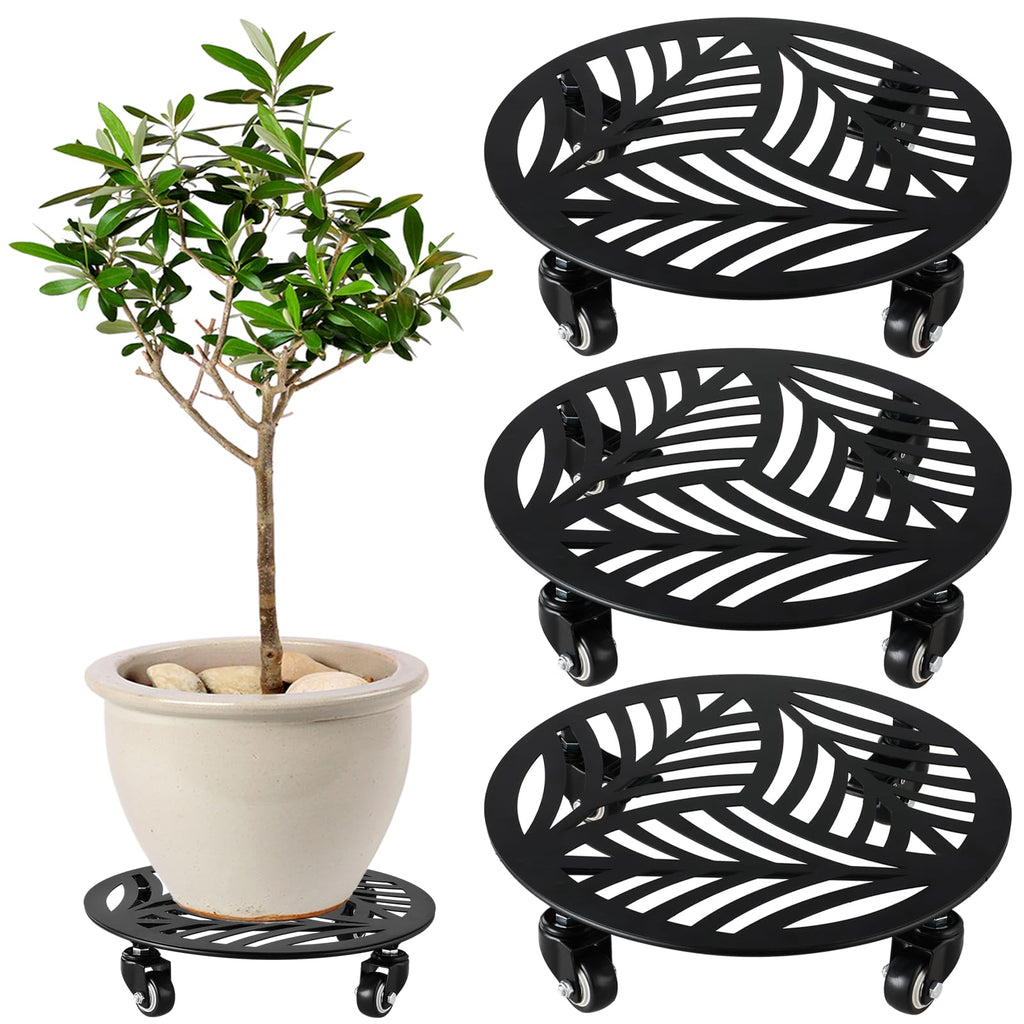 1 Pack 12 inches Large Metal Plant Caddy with 3 PU Metal Wheels Rolling Plant Stand with Casters Indoor Outdoor Wheeled Planter Roller Base Pot Movers Plant Dolly Coaster Trolley Black