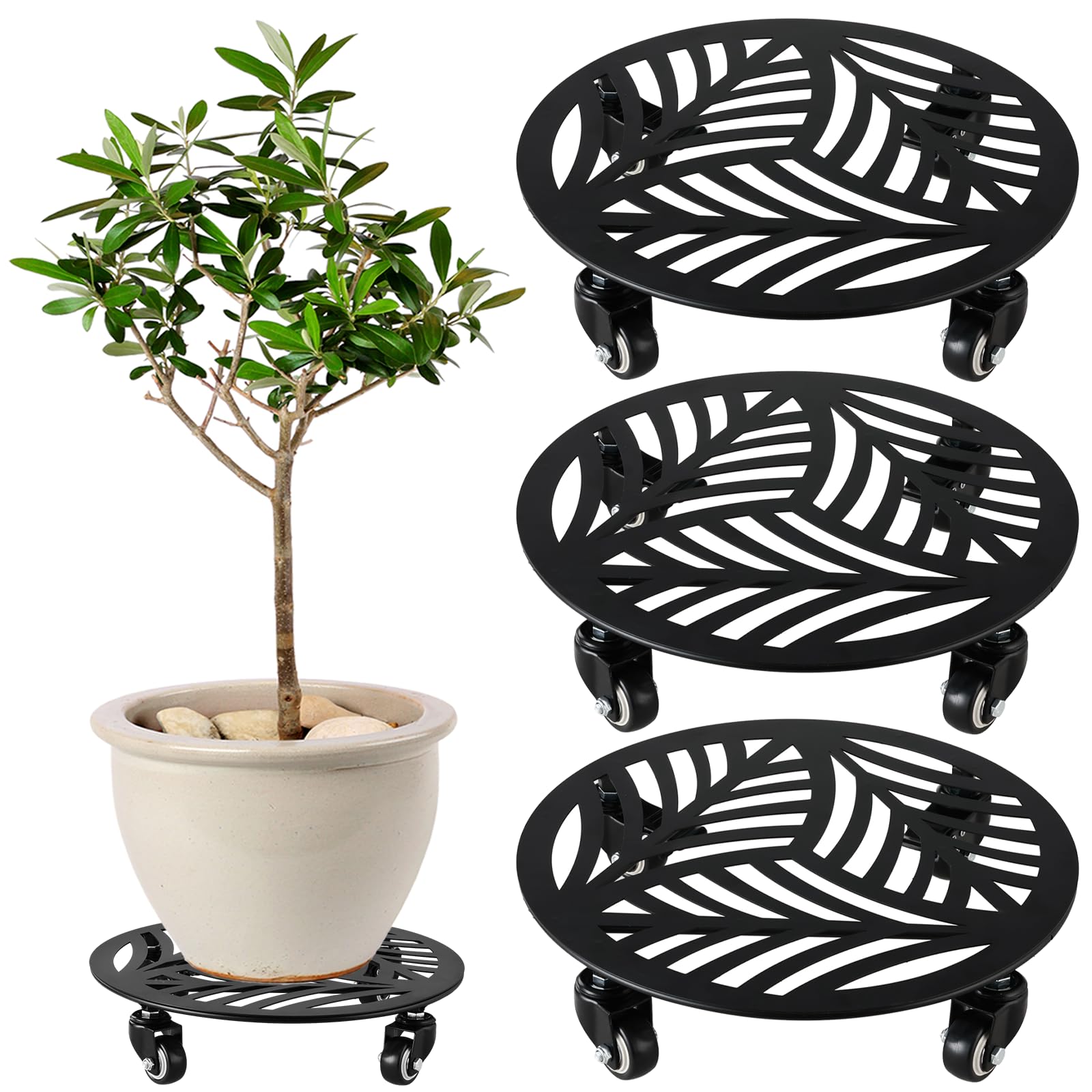 1 Pack 12 inches Large Metal Plant Caddy with 3 PU Metal Wheels Rolling Plant Stand with Casters Indoor Outdoor Wheeled Planter Roller Base Pot Movers Plant Dolly Coaster Trolley Black
