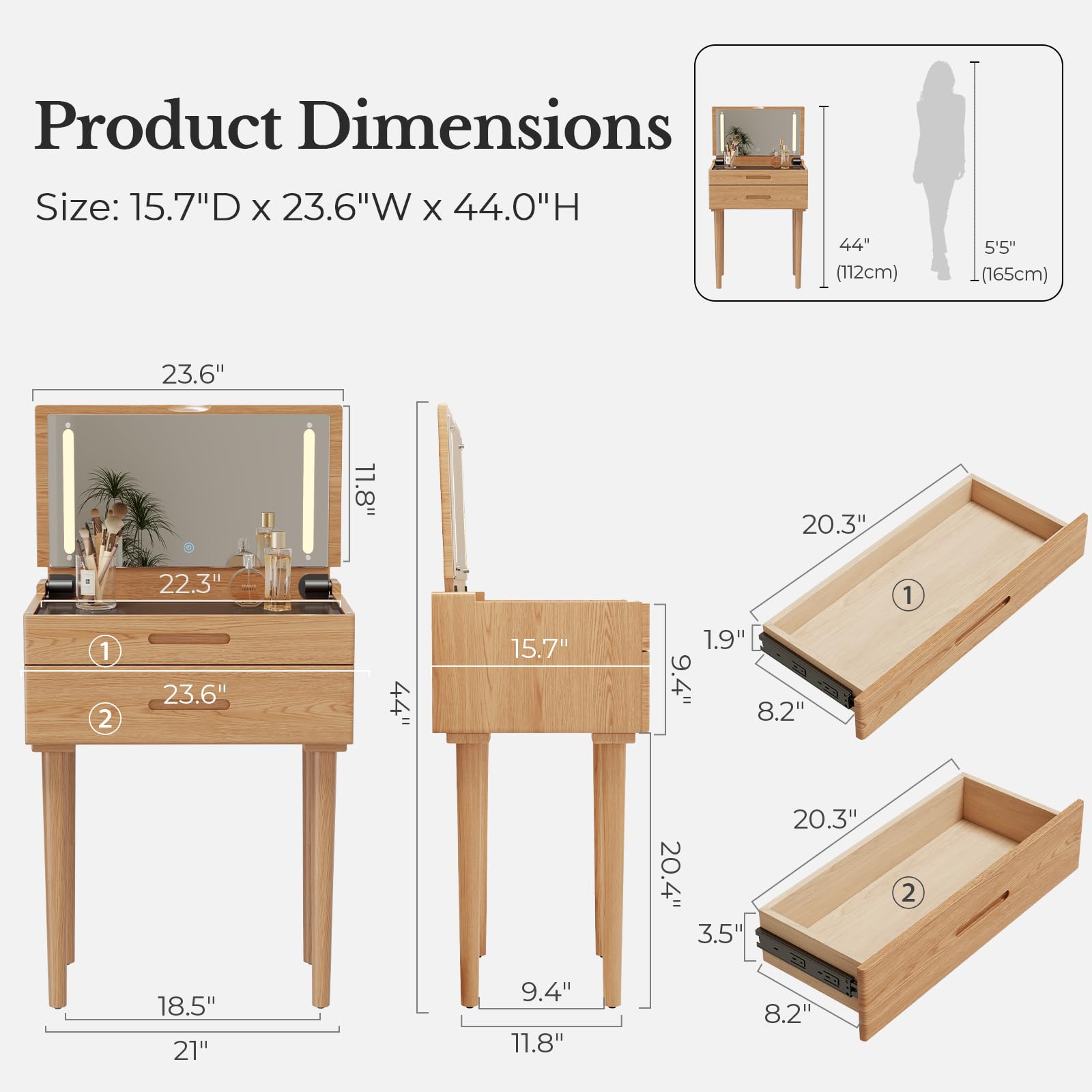 Muwuele Solid Wood Small Vanity Desk with Mirror and Lights, Narrow Makeup Vanity for Small Space, Flip Top Vanity Side Table, 3 Color Modes & Adjustable Brightness, 19.6" Slim Dressing Table, Black