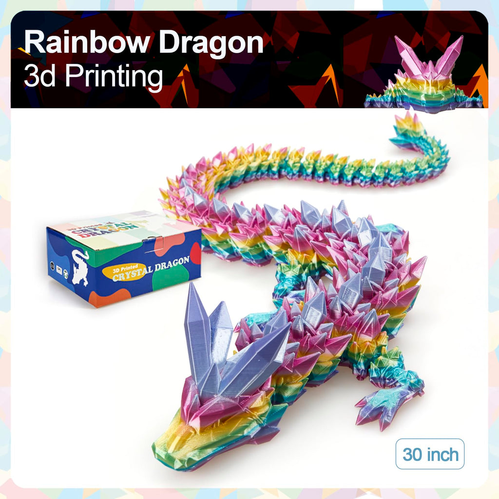 24" Large 3D Printed Dragon - Huge Articulated Crystal Dragon Fidget Toy, Giant Flexible 3D Dragon Figure, Birthday Gift for Boys Girls Kids & Collectors, Home Office Executive Desk Decor