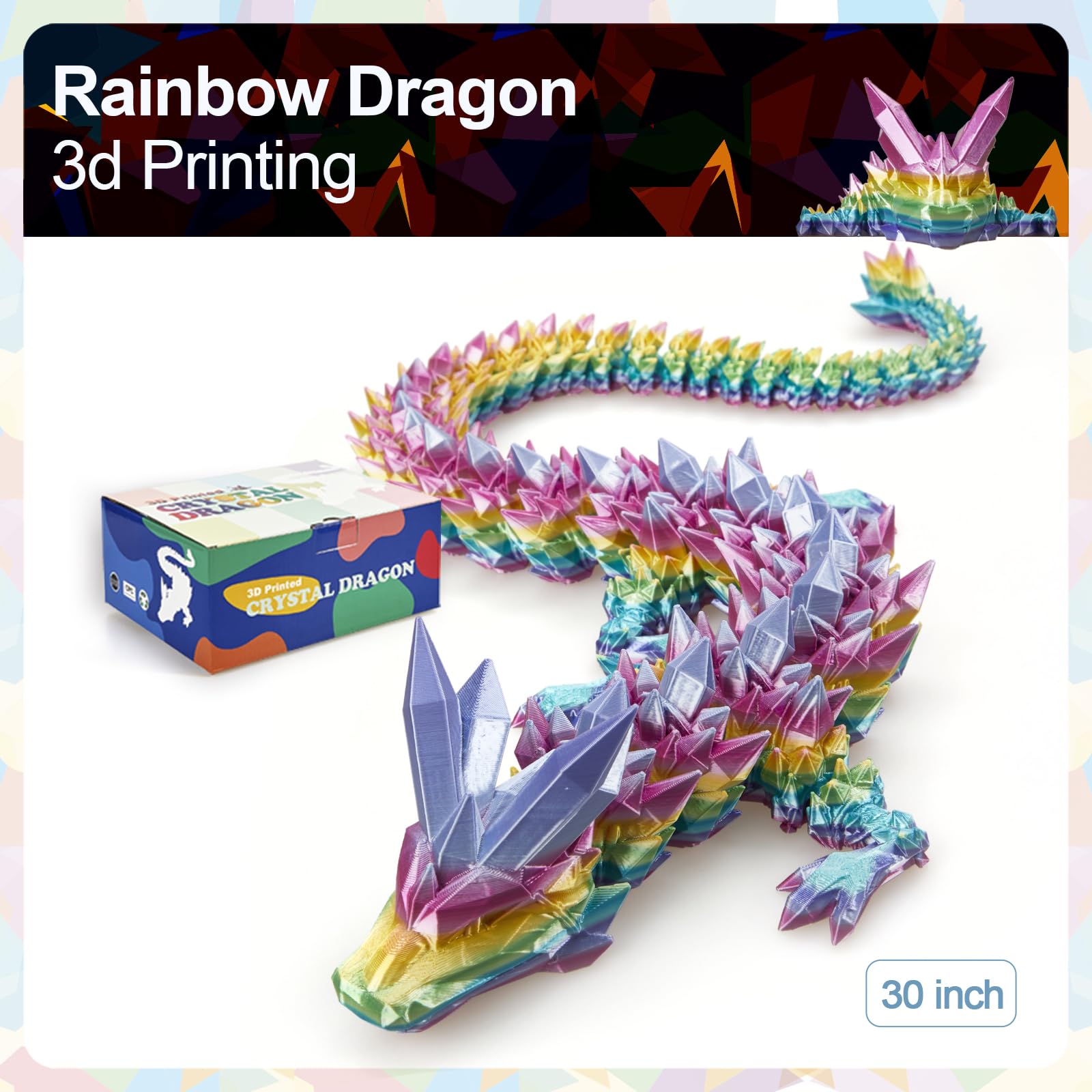 24" Large 3D Printed Dragon - Huge Articulated Crystal Dragon Fidget Toy, Giant Flexible 3D Dragon Figure, Birthday Gift for Boys Girls Kids & Collectors, Home Office Executive Desk Decor