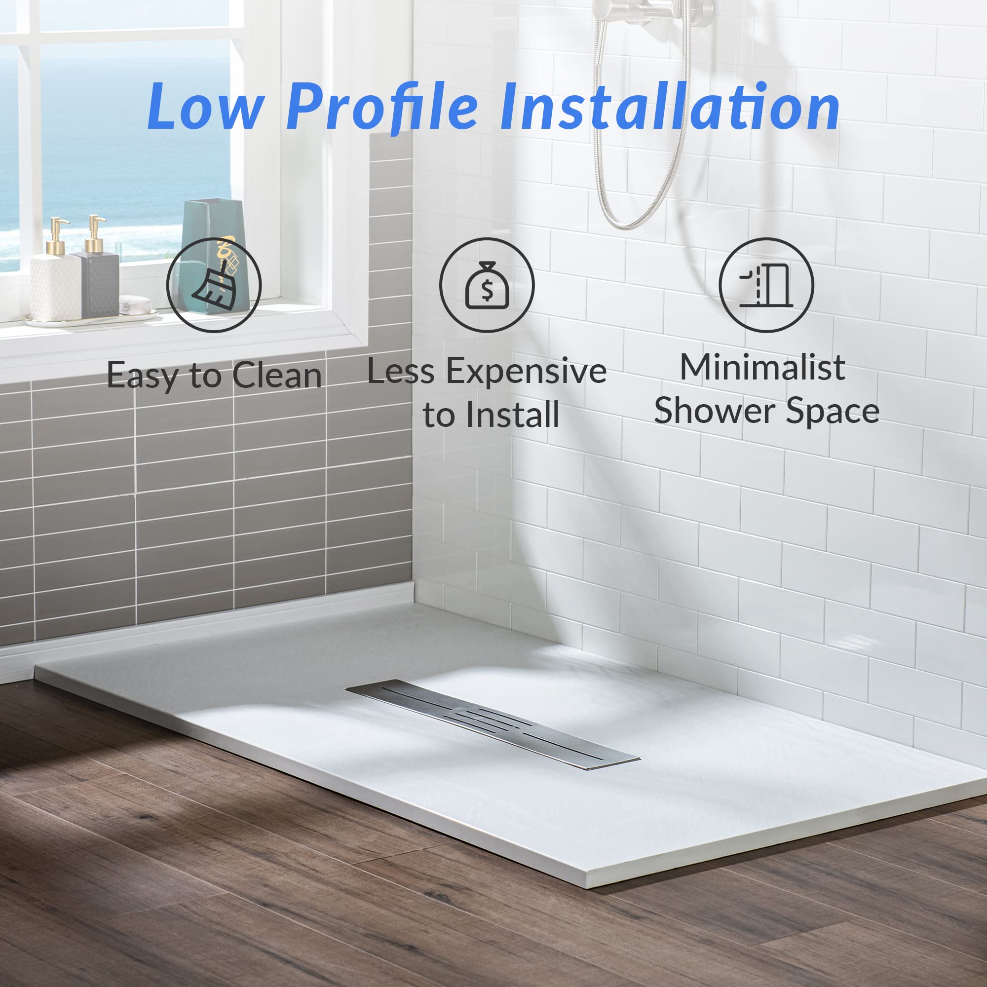 WOODBRIDGE 47.25 in L x 31.5 in W Zero Threshold Shower Base with Center Drain, Decorative Drain Plate, Tile Flange, Wheelchair Access, Low Profile, Black