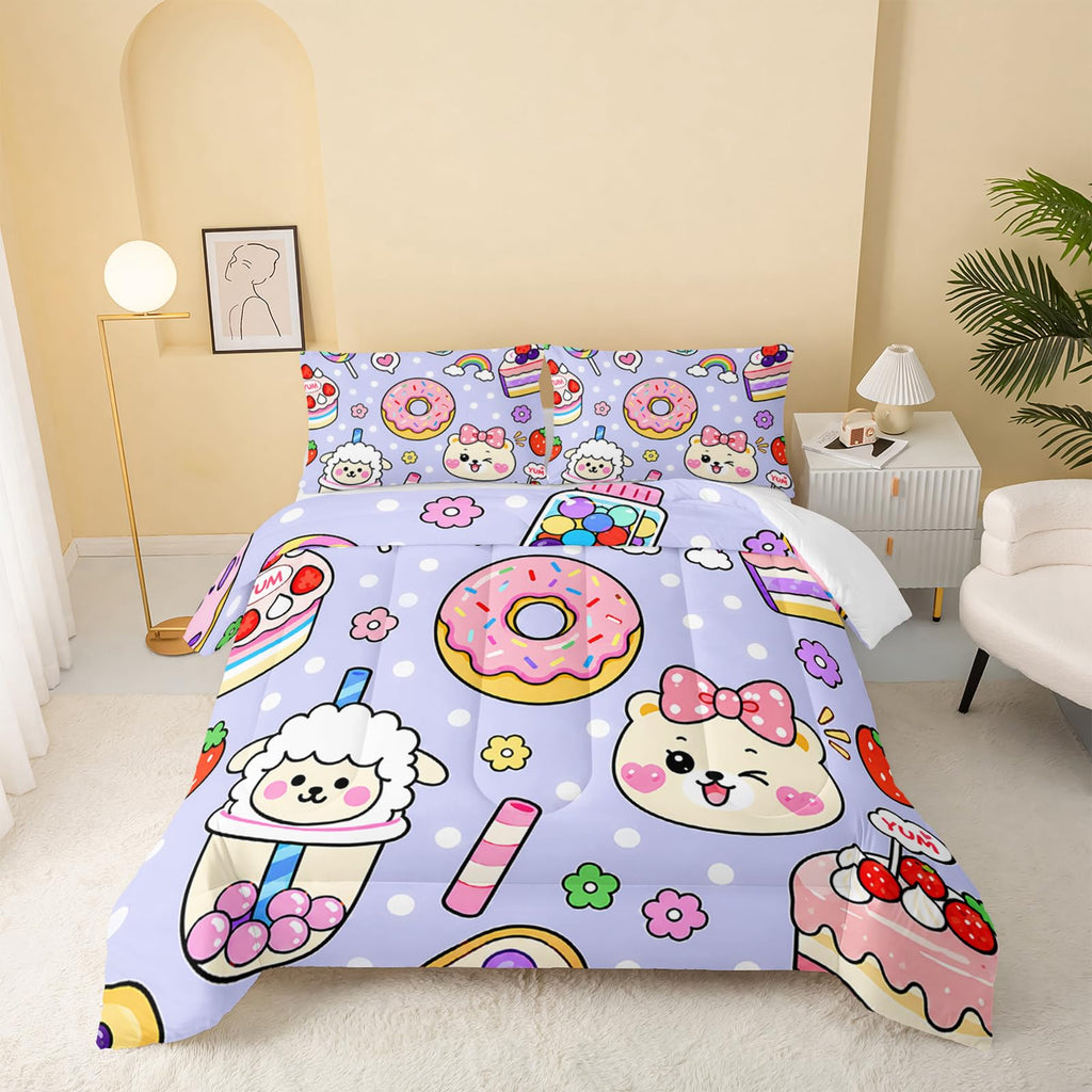 QOOMO Floral Cat Comforter Twin Size,Pink Cat Bedding Set for Kids Teens Girls,3Pcs Bedding Set Printed Comforter with 2 Pillowcases,Down Alternative,Soft and Lightweight(Pink，Twin Size)