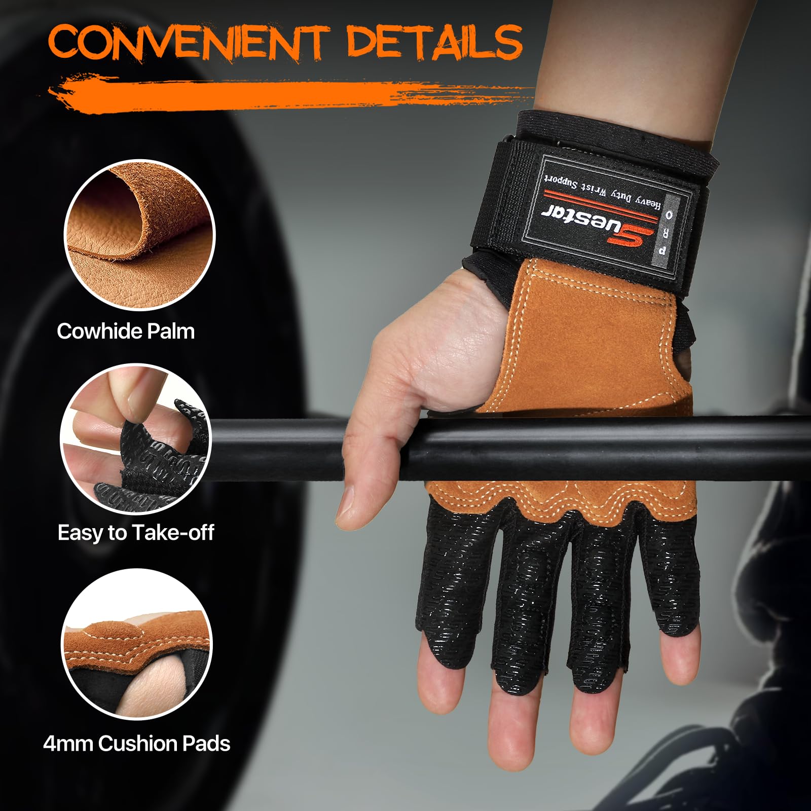 SueStar Workout Gloves, Heavy Duty Cowhide Padded Weight Lifting Gloves with Wrist Support, Full Palm Protection & Silicone Grips Gym for Weightlifting, Deadlifts, Exercise