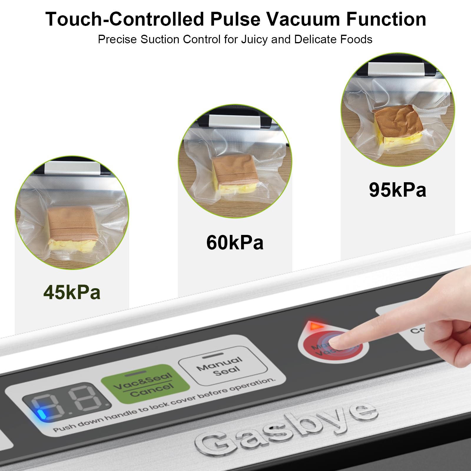 Gasbye 95kPa Precision Vacuum Sealer Machine, Double Heat Seal for Dry/Moist Food, Easy-Lock Handle, Built-in Bag Storage & Cutter, Progress Display, Pulse Mode, Removable Drip Tray, Silver