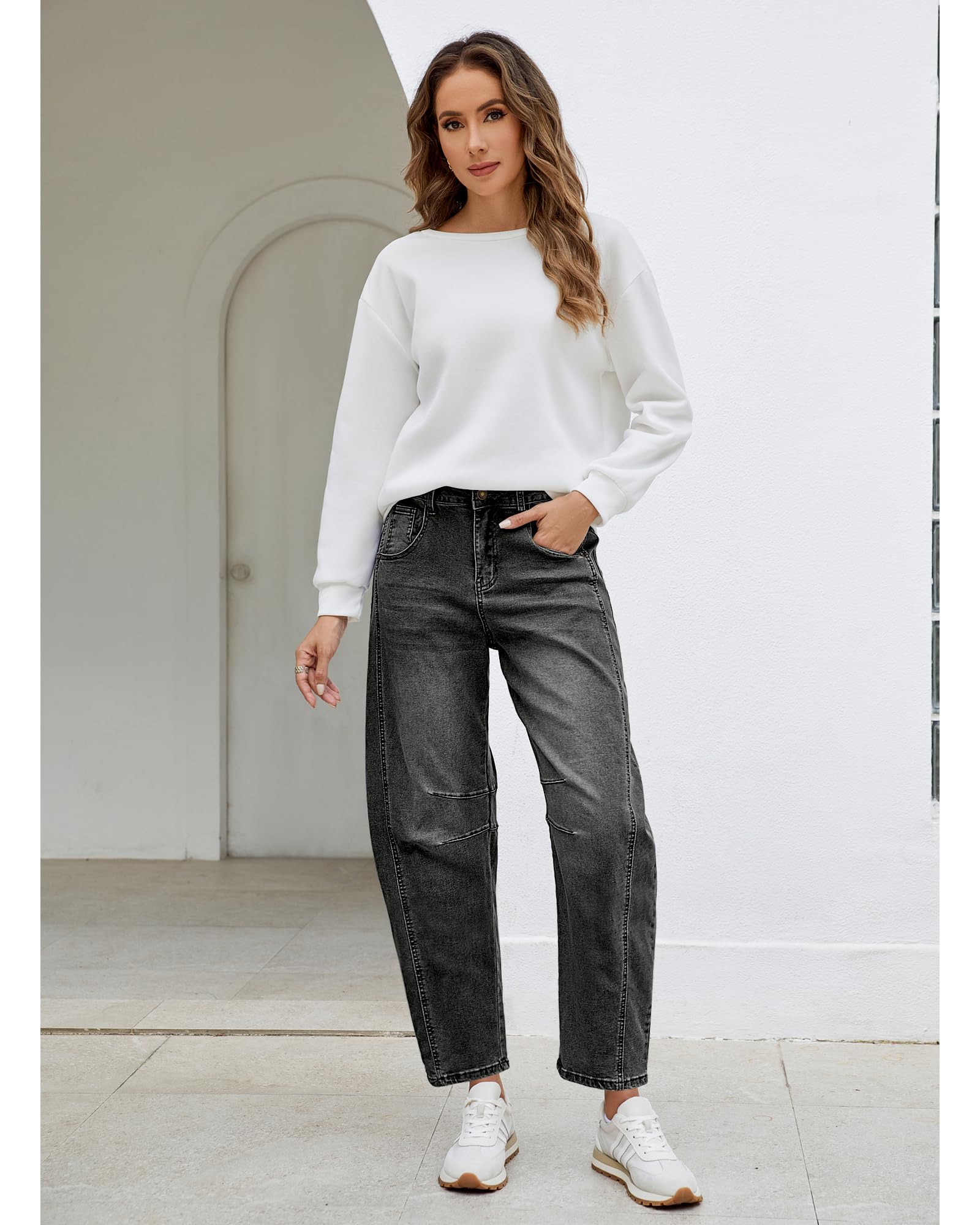 Utyful Barrel Jeans Women Cropped Baggy Trendy High Waisted Distressed Loose Stretch Denim Trouser Jeans with Pockets