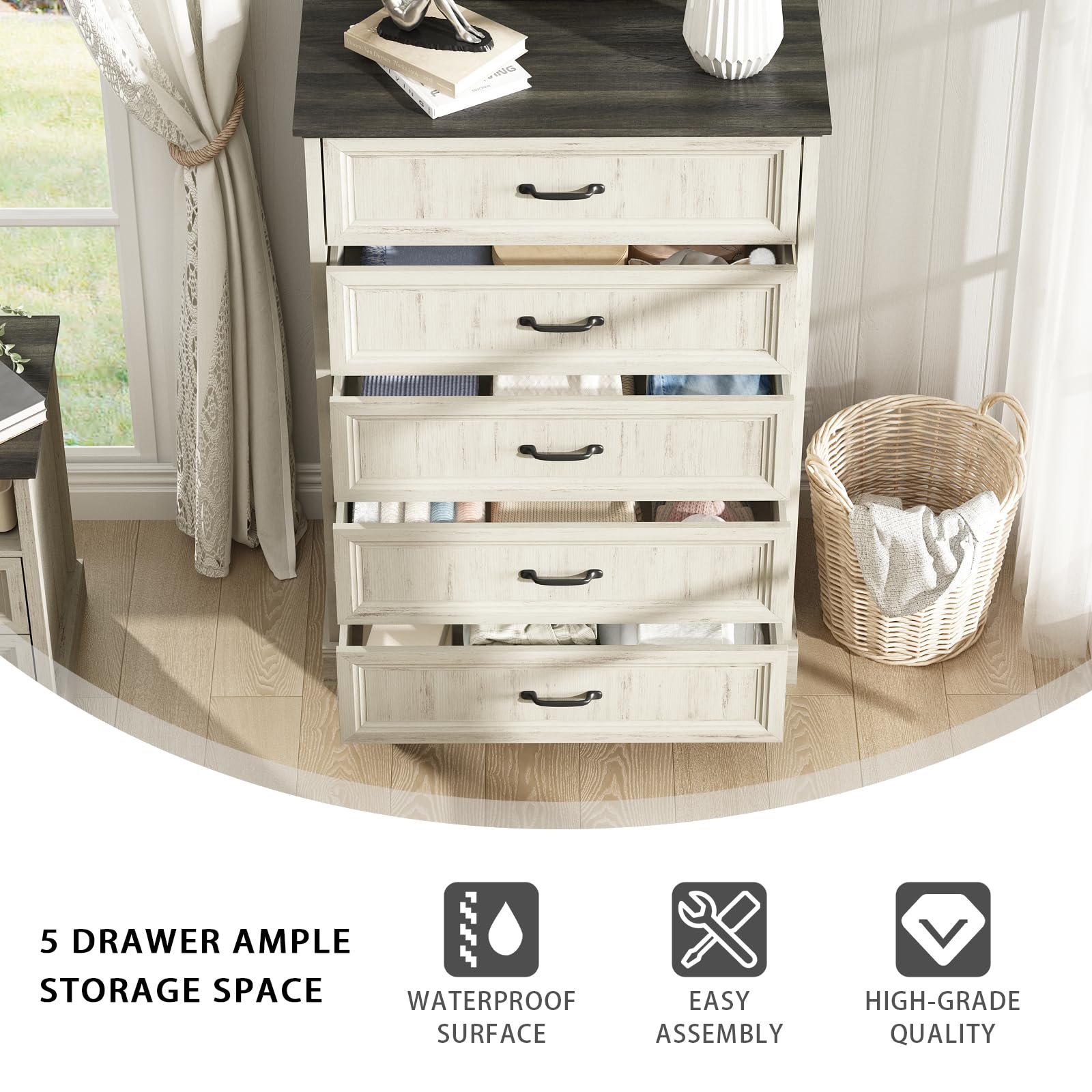 Farmhouse 5 Drawers Dresser for Bedroom, 44" Tall Brown dresser Wood Rustic Chest of Drawers with Wide Metal Handle,Natural Texture,Drawer Organizer for Bedroom,Living Room,Hallway and Entryway