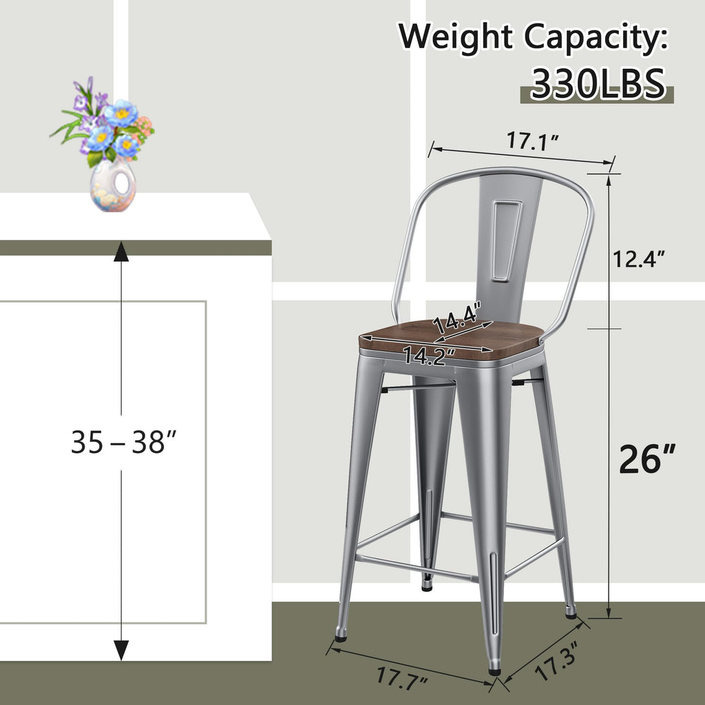 Barstools Set of 4 Counter Height Bar Stools for Kitchen Island Farmhouse Metal High Back Bar Chairs Wooden Seat 24" Matte Black