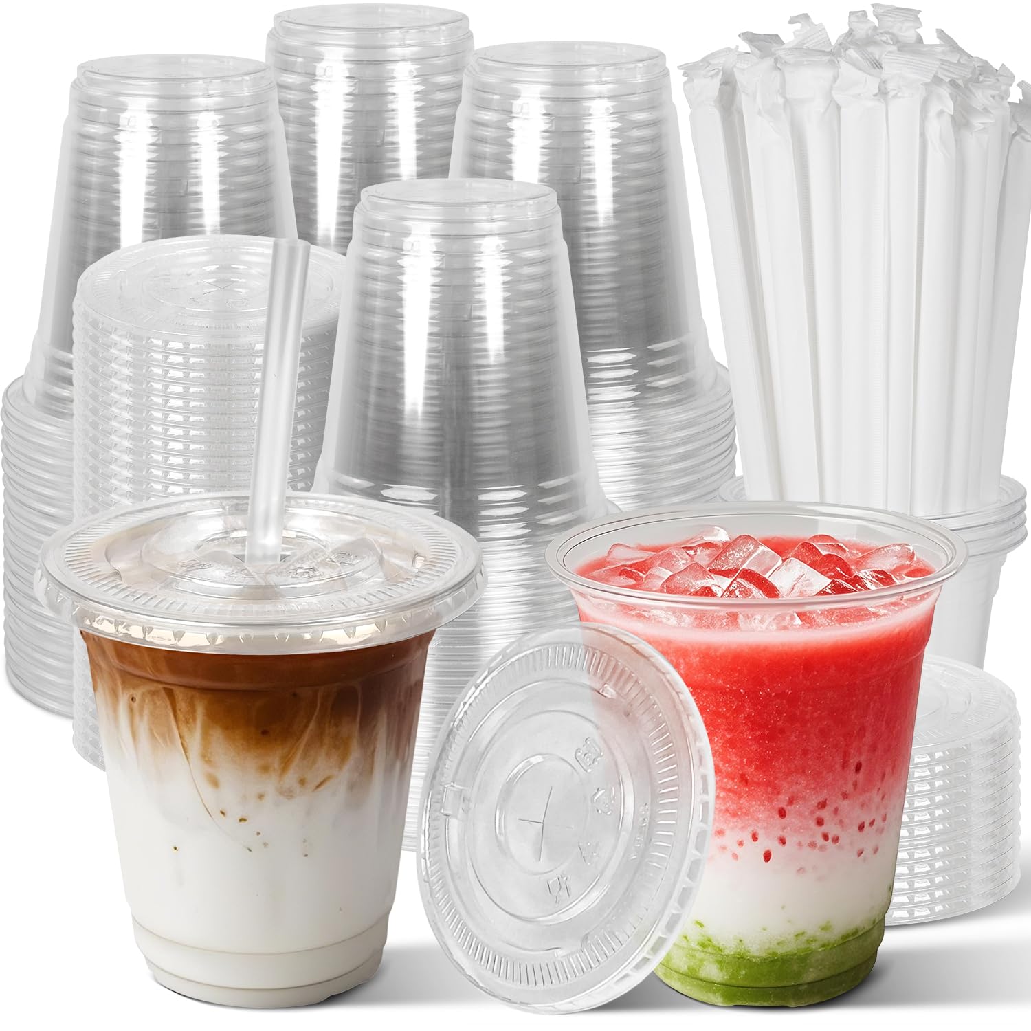 Charmount 50 Sets- 12 oz Clear Plastic Cups with Lids and Straws, Disposable To Go Cups for Cold Drinks, Iced Coffee, Milkshakes, Smoothies