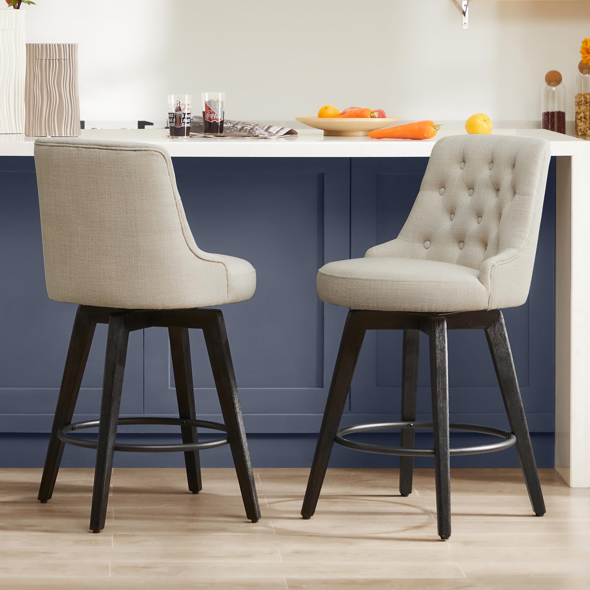 Watson & Whitely Counter Height Bar Stools, Performance Fabric Upholstered Modern Swivel Barstool with Back, Solid Wood Legs, 26" H Seat, Flint Grey