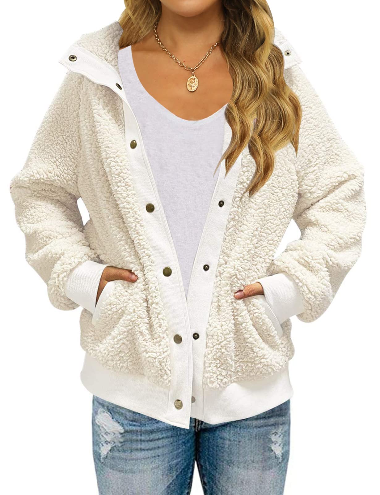 MEROKEETY Womens Fleece Sherpa Jacket Fall Winter Coats 2026 Fuzzy Button Down Warm Outerwear with Pockets