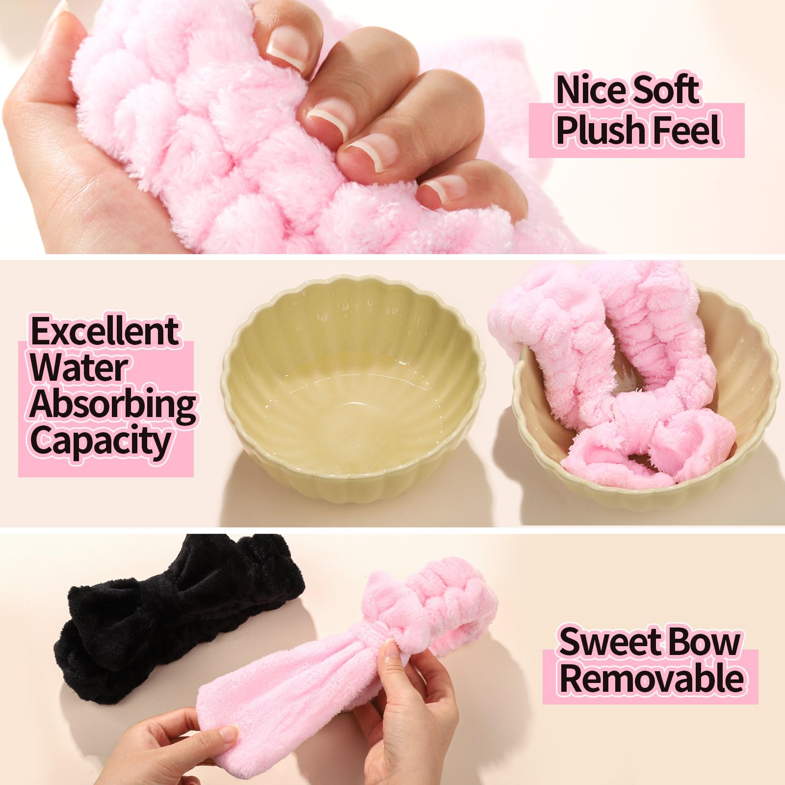 LEOBRO Spa Headband, 6pcs Makeup Headbands and Hair Scrunchies, Bow Skin Care Headband for Washing Face for Teen Girls Women, Easter Basket Valentines Gifts for Girls, Black & White & Gray
