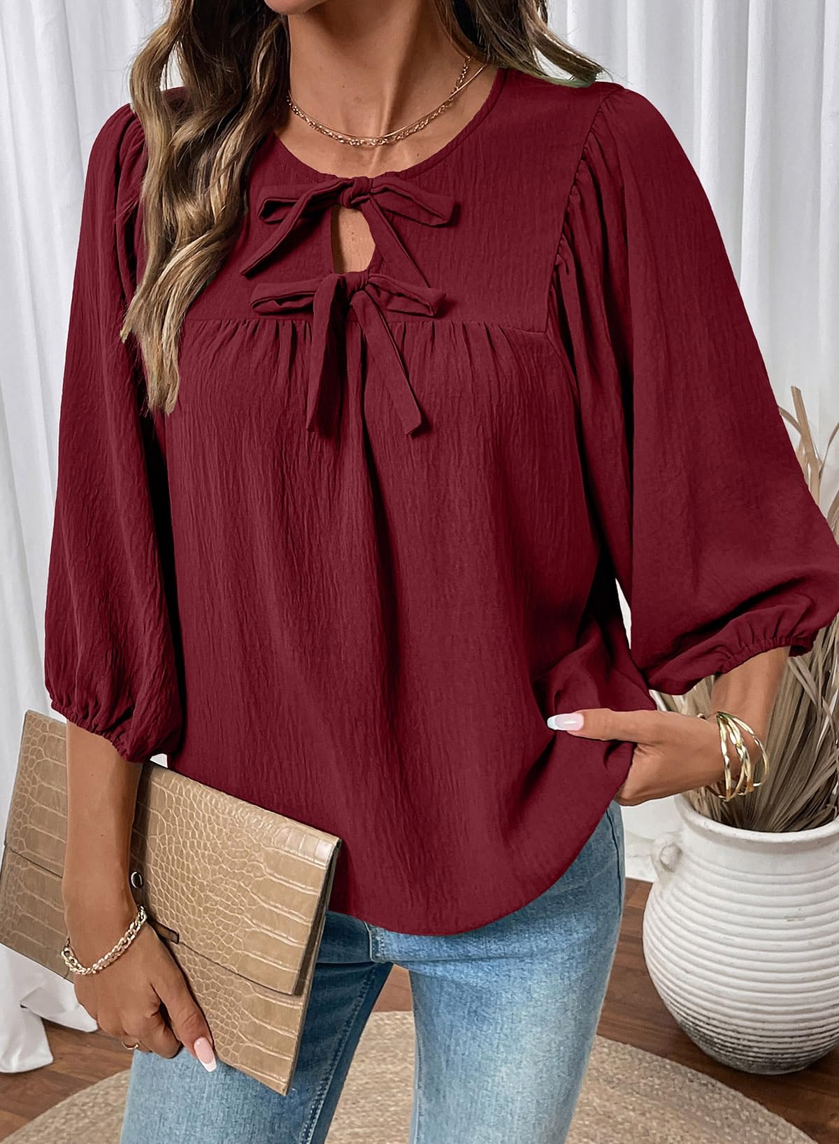 SHEWIN Womens Tops 3/4 Sleeves Blouse Babydoll Dressy Casual Top Elegant Bow Tie Loose Ladies Shirts 2026