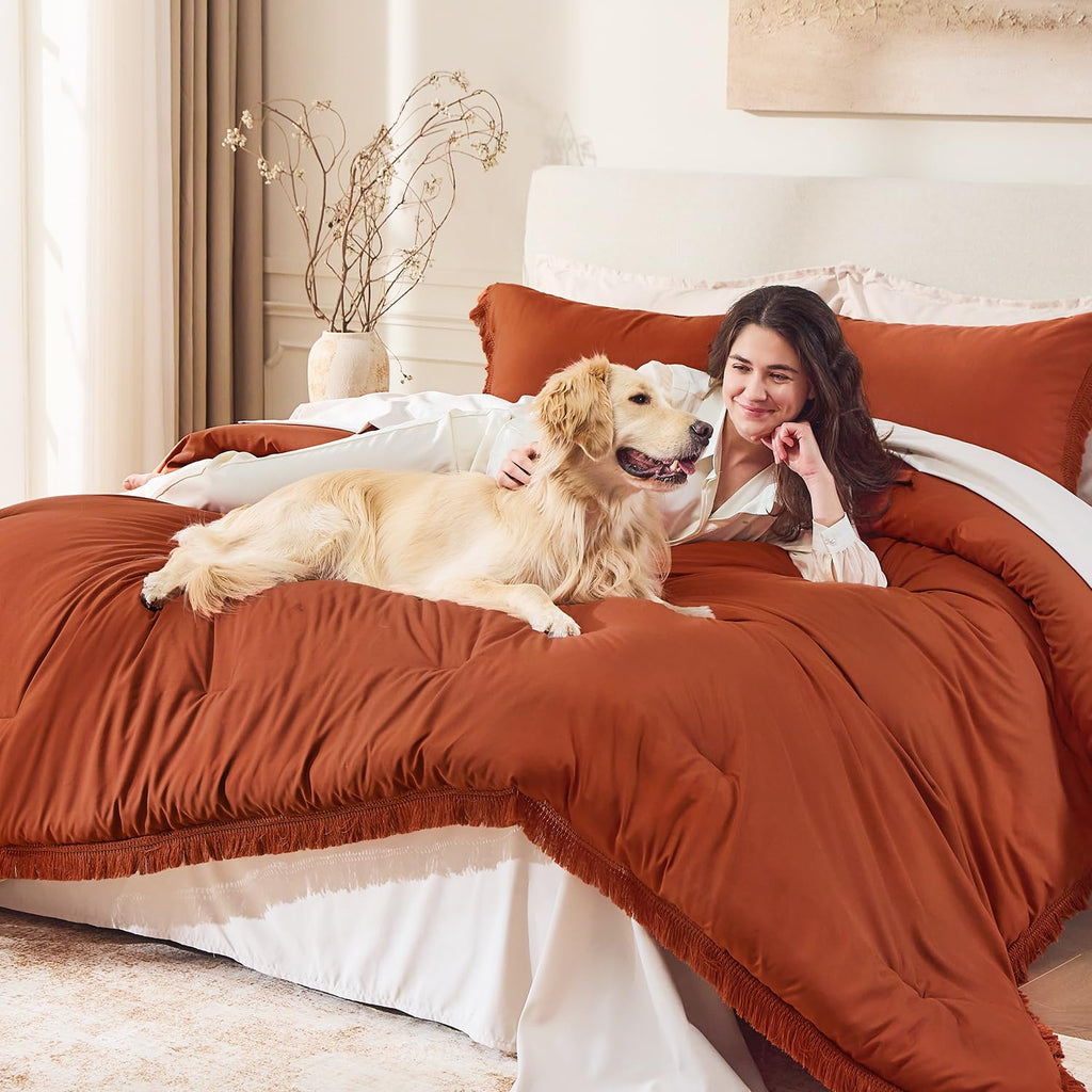 Andency Comforter Full Size Set Burnt Orange, 3 Pieces Boho Terracotta Winter Lightweight Bedding Comforter Sets, All Season Rust Tassel Bed Set (79x90In Comforter & 2 Pillowcases)