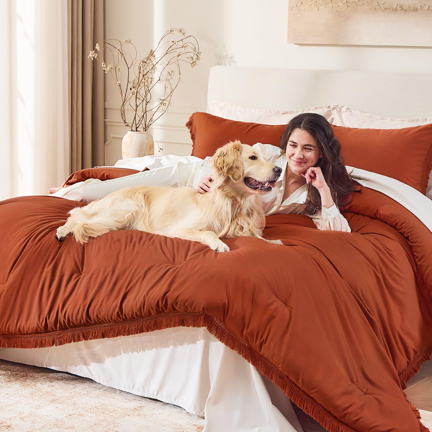Andency Comforter Full Size Set Burnt Orange, 3 Pieces Boho Terracotta Winter Lightweight Bedding Comforter Sets, All Season Rust Tassel Bed Set (79x90In Comforter & 2 Pillowcases)