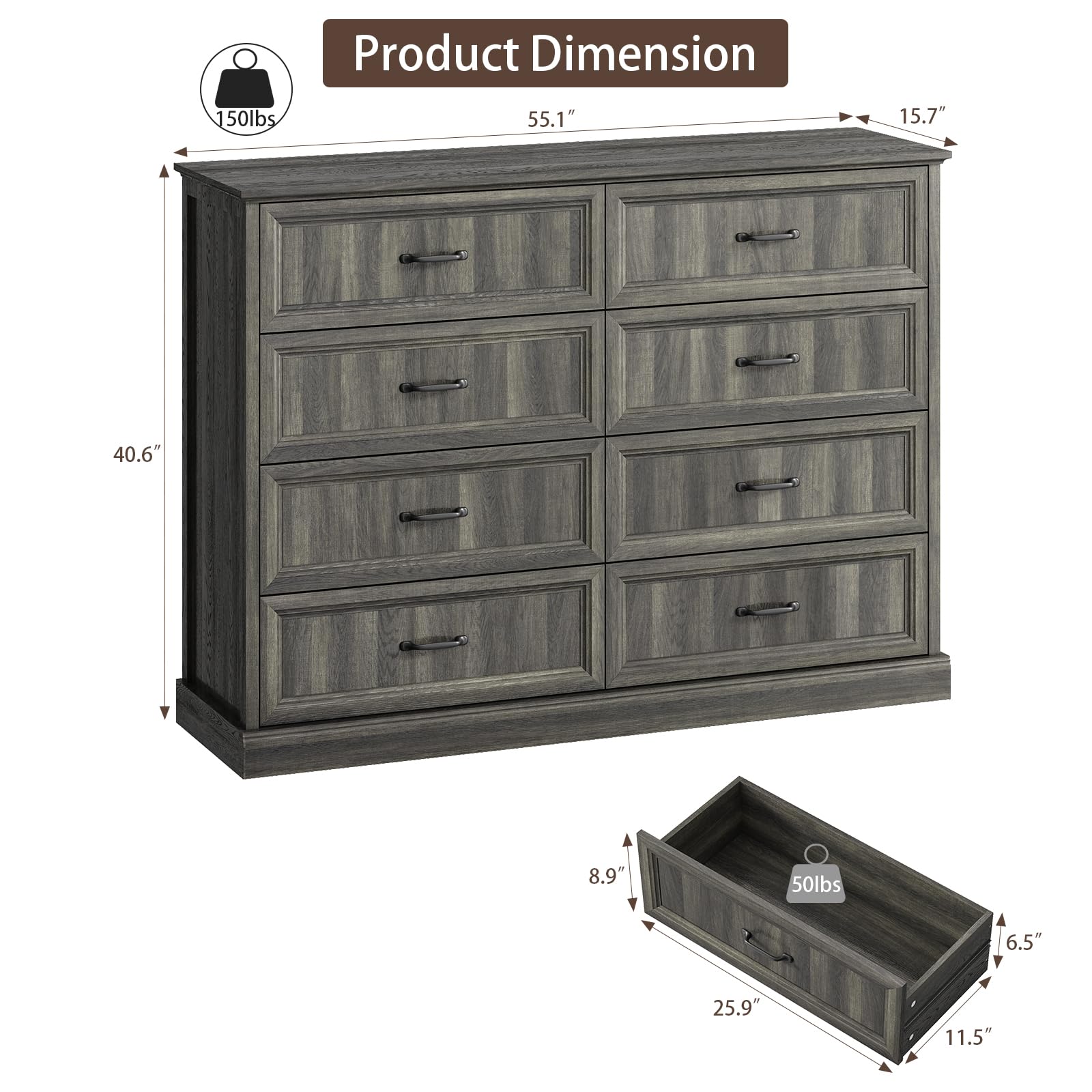 Farmhouse 5 Drawers Dresser for Bedroom, 44" Tall Brown dresser Wood Rustic Chest of Drawers with Wide Metal Handle,Natural Texture,Drawer Organizer for Bedroom,Living Room,Hallway and Entryway