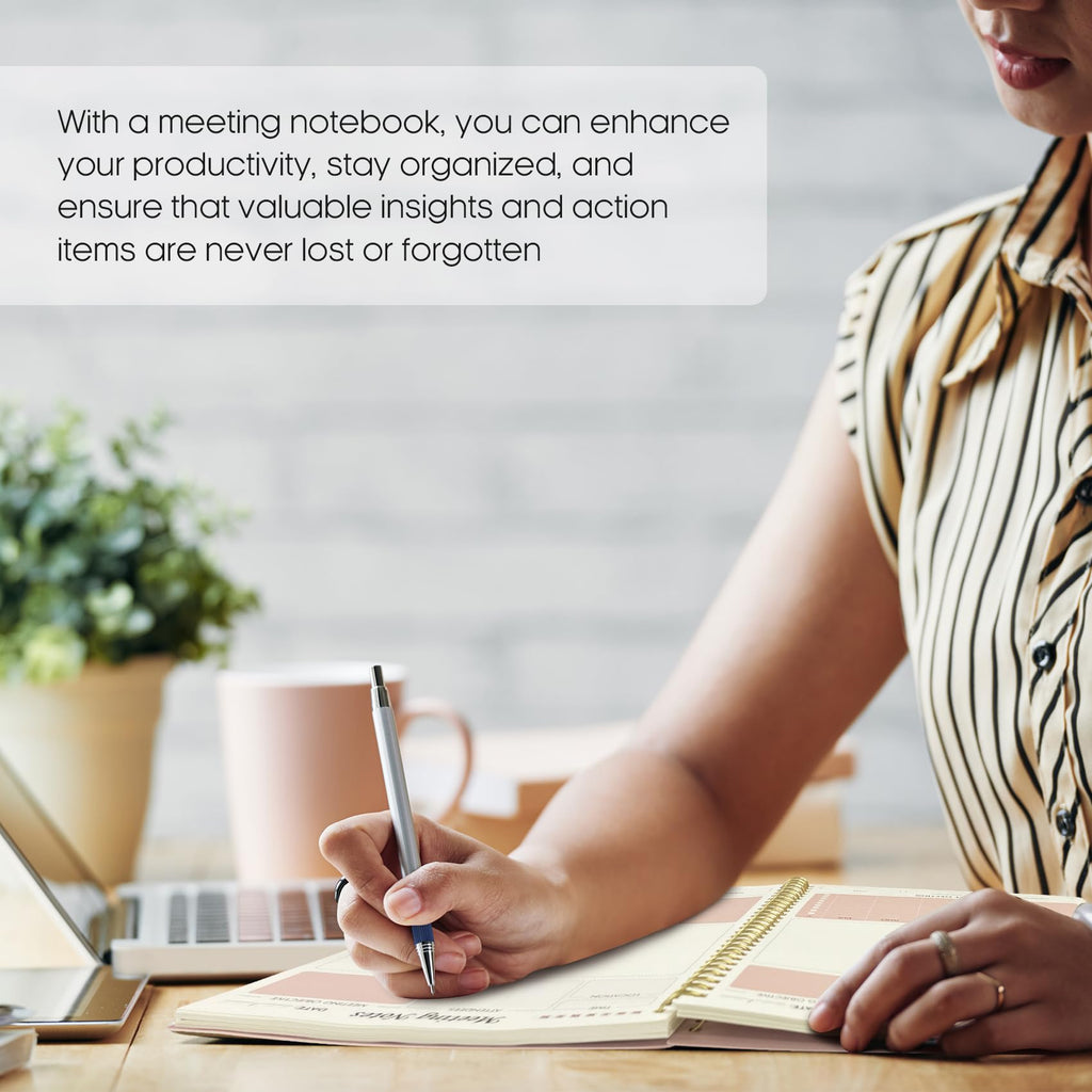 Meeting Notebook for Work Organization - Work Planner Notebook with Action Items, Agenda Planner for Note Taking, 160 Pages (6.9" X 9.9") Project Organizer for Men & Women - Pink