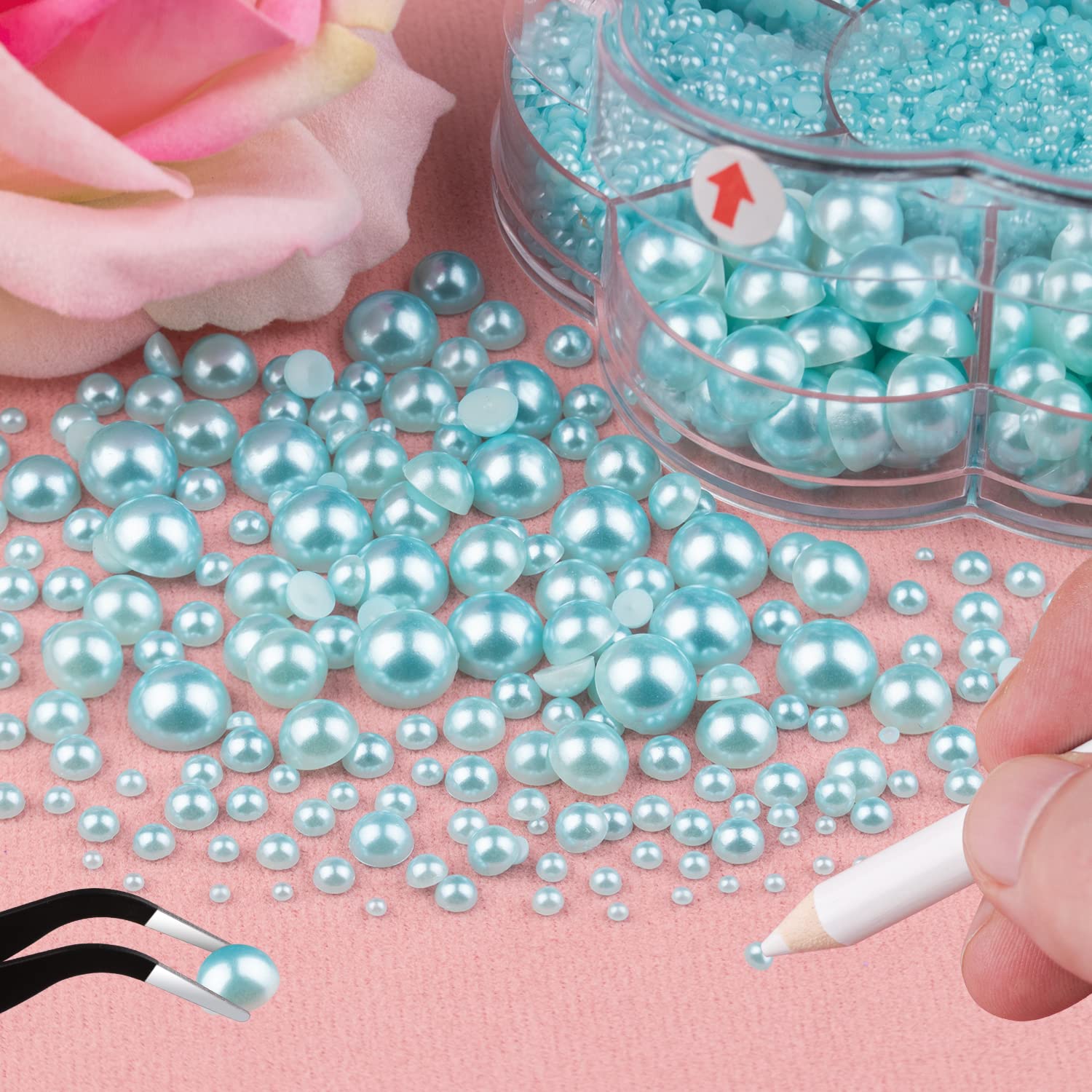 BELLEBOOST 5600pcs ABS Round Flat Back Beige Pearls Kit with Pickup Tools for Nail Art, Face, Body Decorations