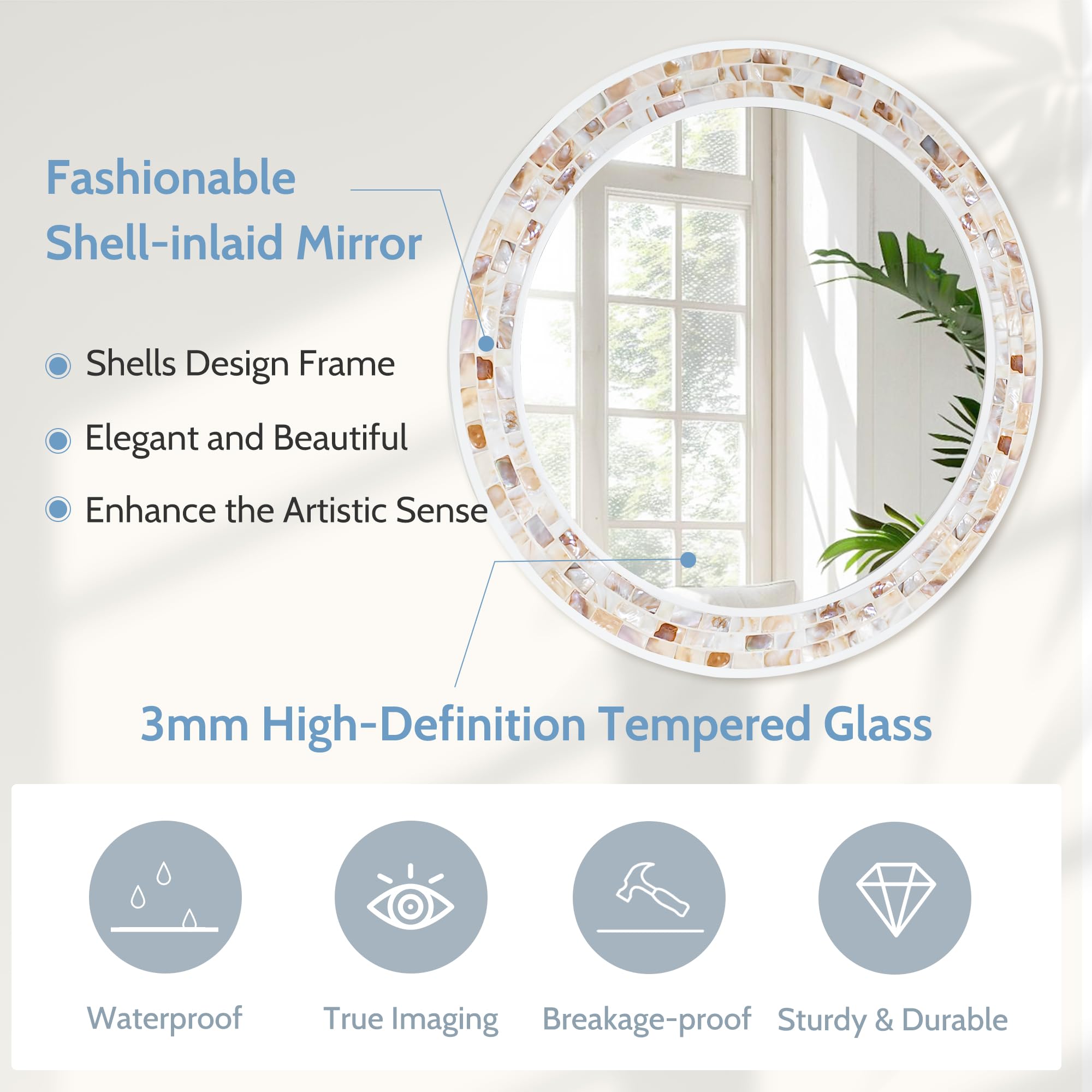 Tanmicoshomy Round Wall Mirror 24 Inch,Circle Mosaic Mirror with Natural Mother of Pearl and Wood Frame, Decorative Coastal Round Wall Mirror for Bathroom Bedroom Living Room Entryway
