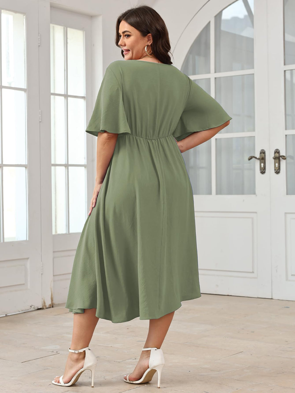 SCOMCHIC Women Plus Size Midi Dresses Wedding Guest Short Sleeve V Neck Tie Waist Casual Summer Flowy A Line Dress