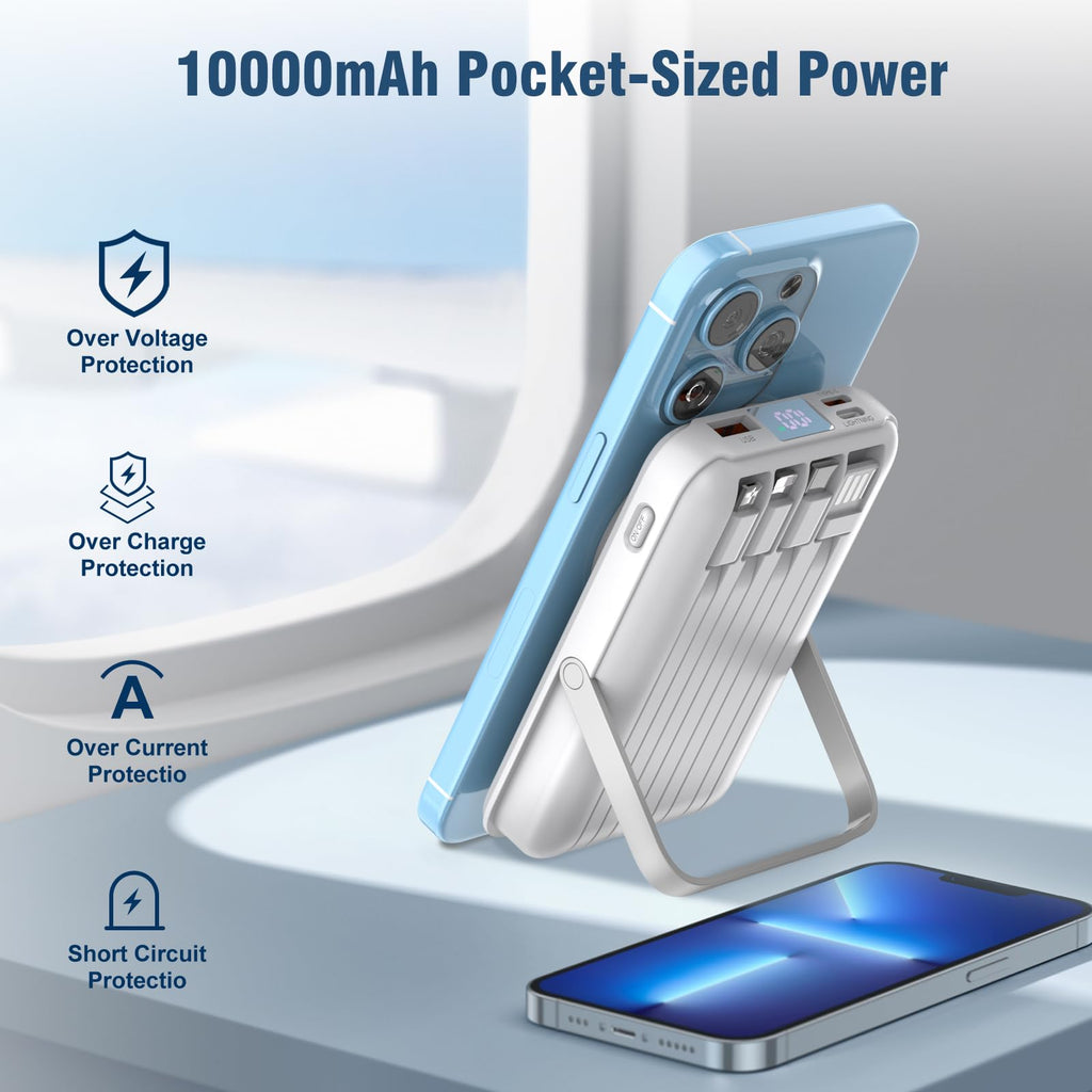 for Magsafe Battery Pack,10000mAh Magnetic Power Bank 22.5W PD Fast Charging with LED Display,Wireless Portable Charger with Built-in Cables and Stand for iPhone 17/16/15/14/13/12/Pro/Pro Max