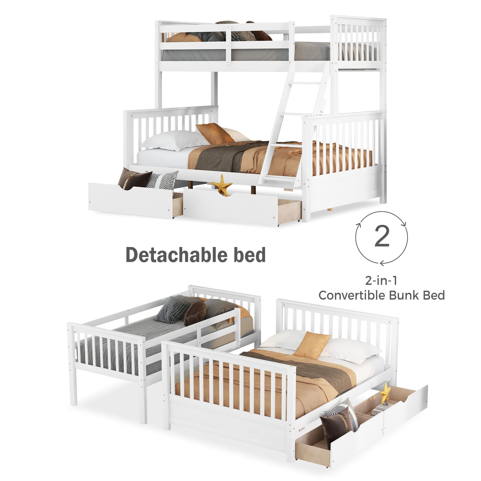Merax Wood Bunk Bed with Two Drawers,Convertible Wood Bunk Bed with Ladders and Two Storage Drawers,Solid Wood Detachable Bed Frame with Ladders, Twin Over Full Size, Espresso