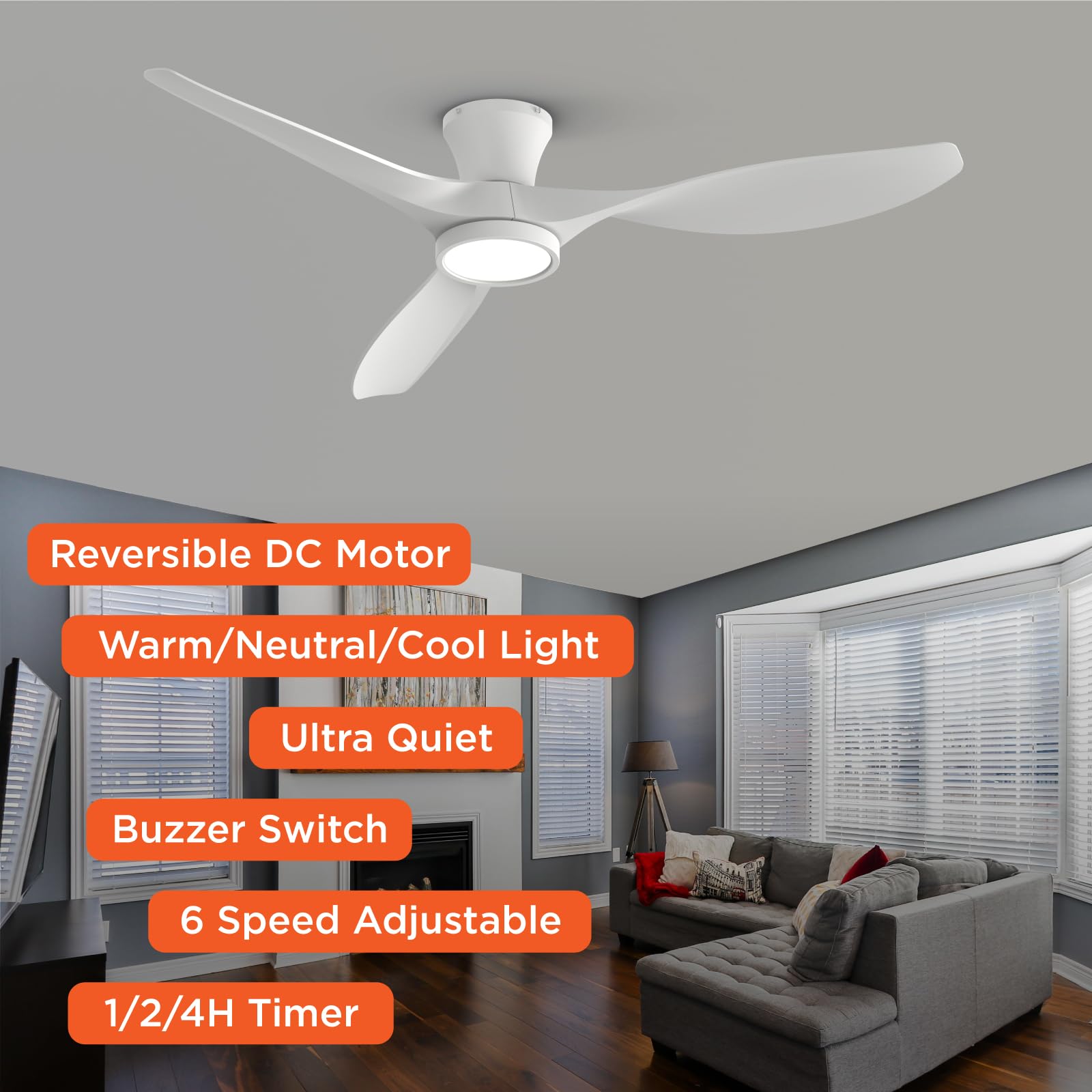 TALOYA Ceiling Fans with Lights,42 inch Modern Low Profile Ceiling Fan with Light and Remote Control, Flush Mount, 3CCT, White Ceiling Fan for Bedroom Living Room and Patio