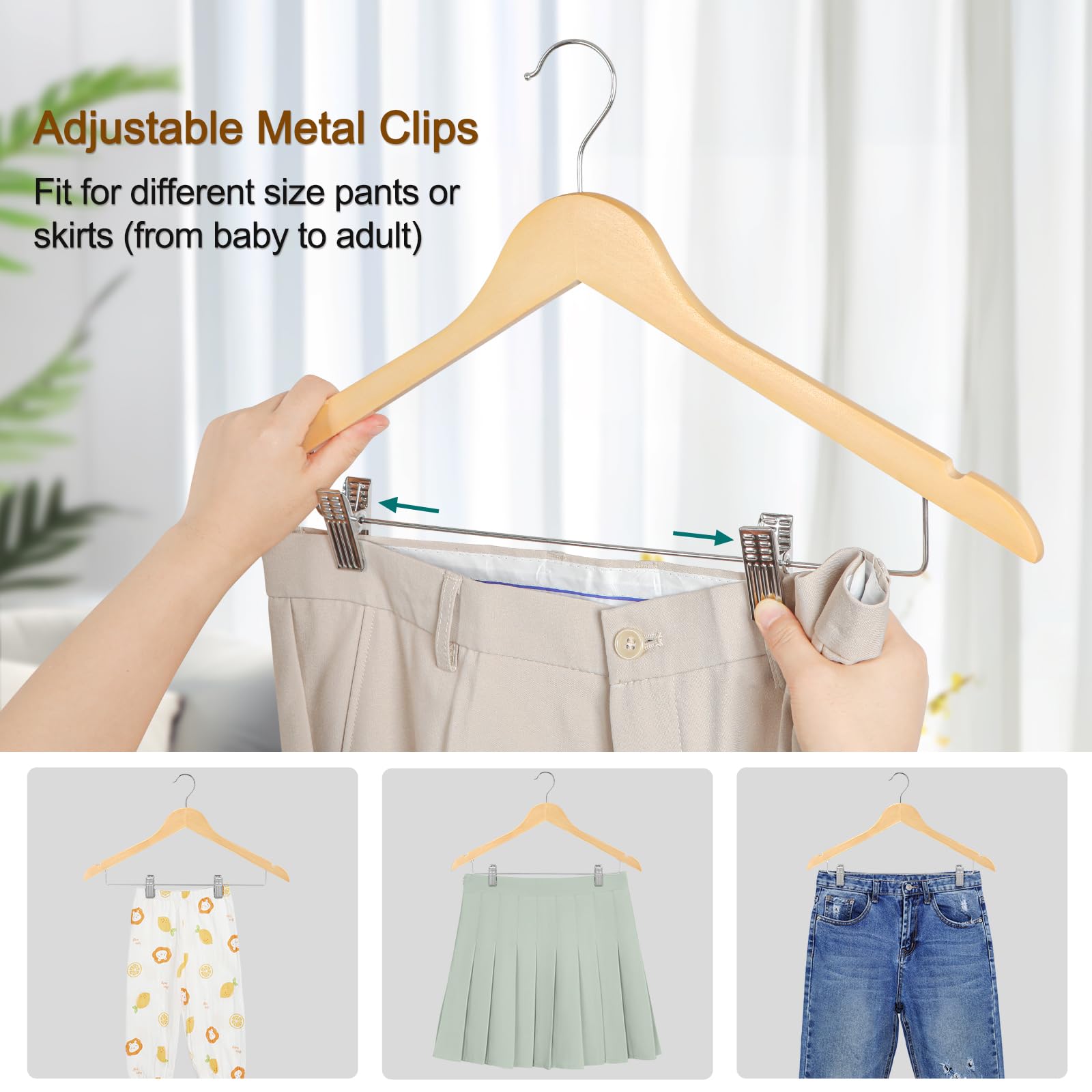 TOPIA HANGER Wooden Suit Hangers with Adjustable Metal Clips (10 Pack), Solid Wood Clothes Hangers, 360° Swivel Hook, Premium Retro Finish Pants Hangers for Clothes Coat, Jeans, Blouse-CT28A