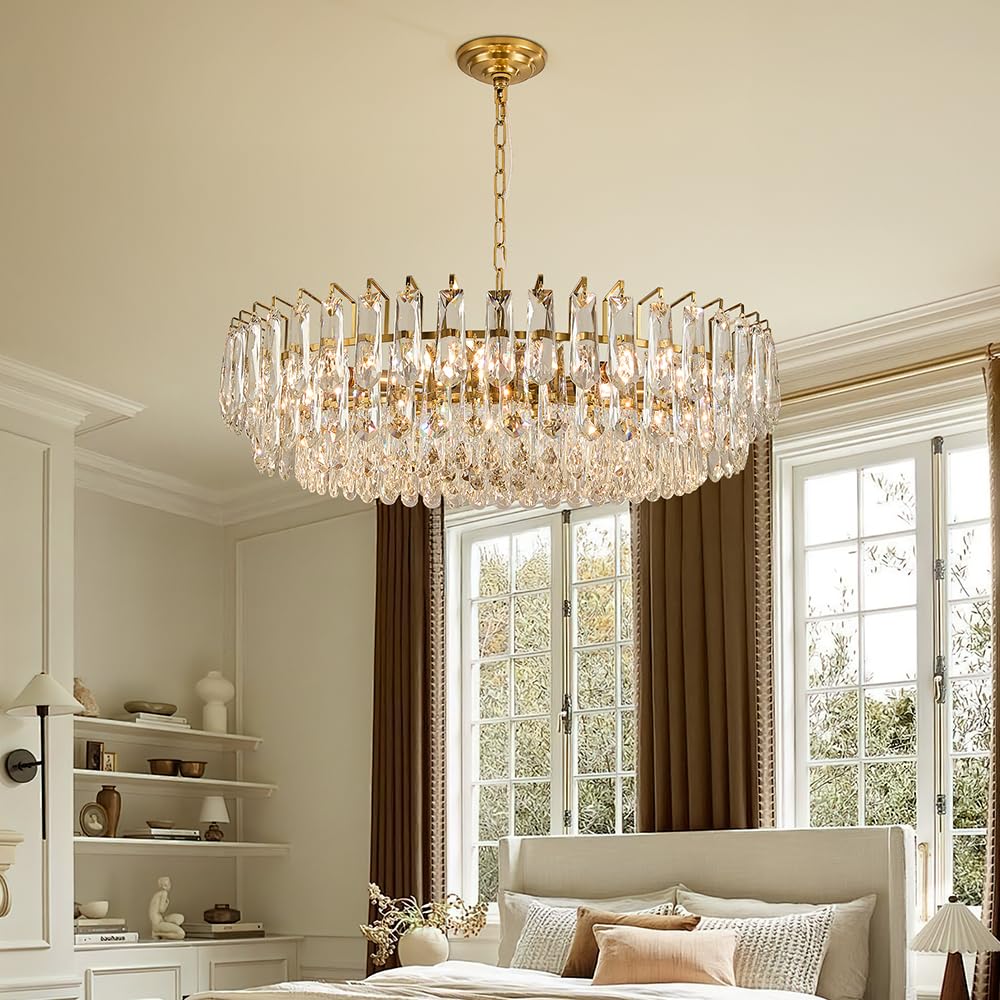 23.6" Modern Crystal Chandelier with Grey Crystal Gold 3-Tier Luxury Pendant Light 12-Light Ceiling Pendant Lighting for Dinning Room Living Room Foyer