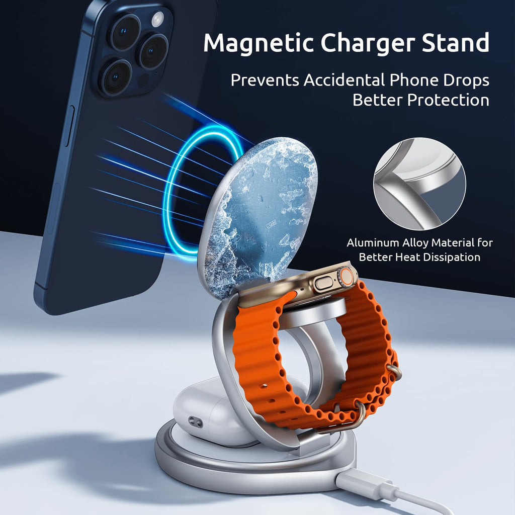 3 in 1 Charging Station for Apple Magsafe Travel Charger for Multiple Devices Aluminum Foldable Magnetic Wireless Charger with 360 Rotating for iPhone 17/16/15/14/13/12 Series,for iWatch,for Airpods