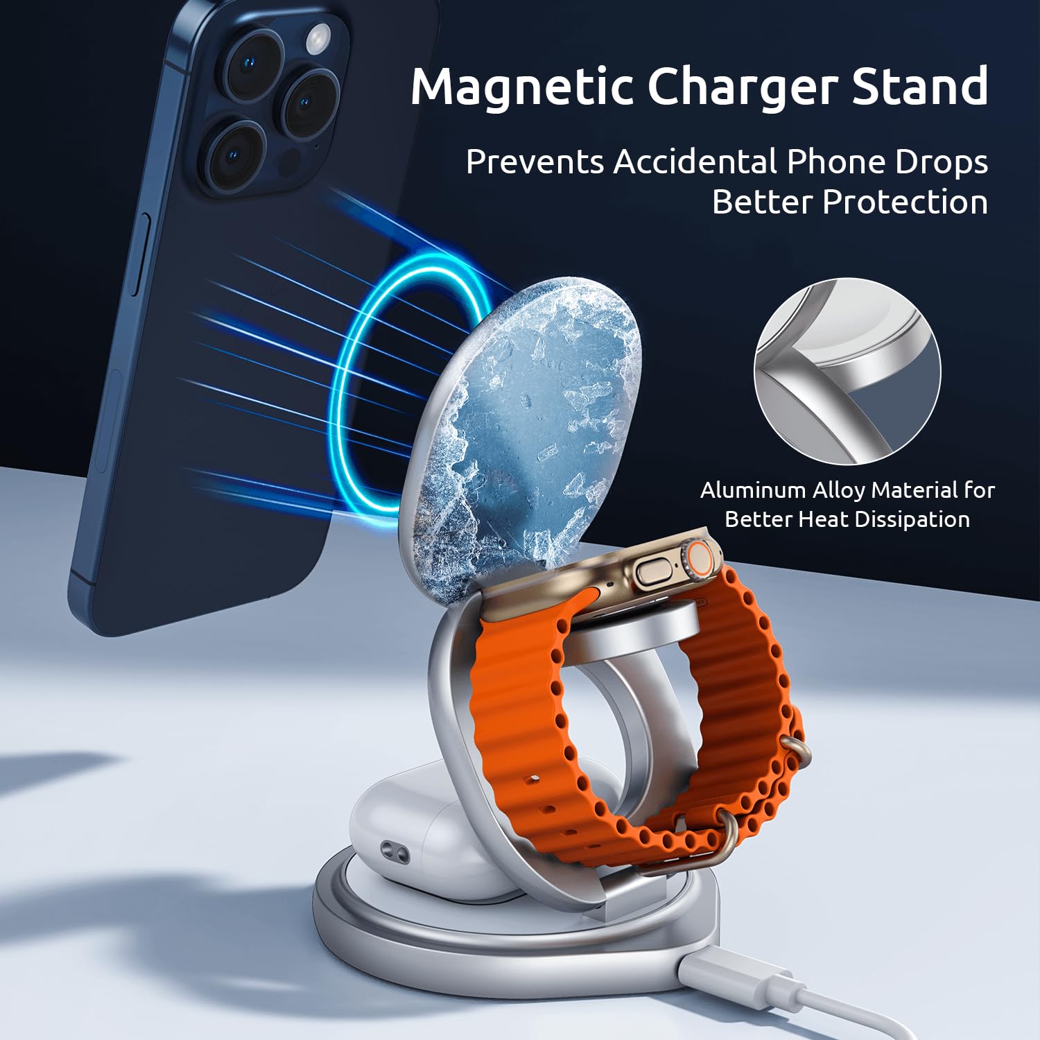 3 in 1 Charging Station for Apple Magsafe Travel Charger for Multiple Devices Aluminum Foldable Magnetic Wireless Charger with 360 Rotating for iPhone 17/16/15/14/13/12 Series,for iWatch,for Airpods