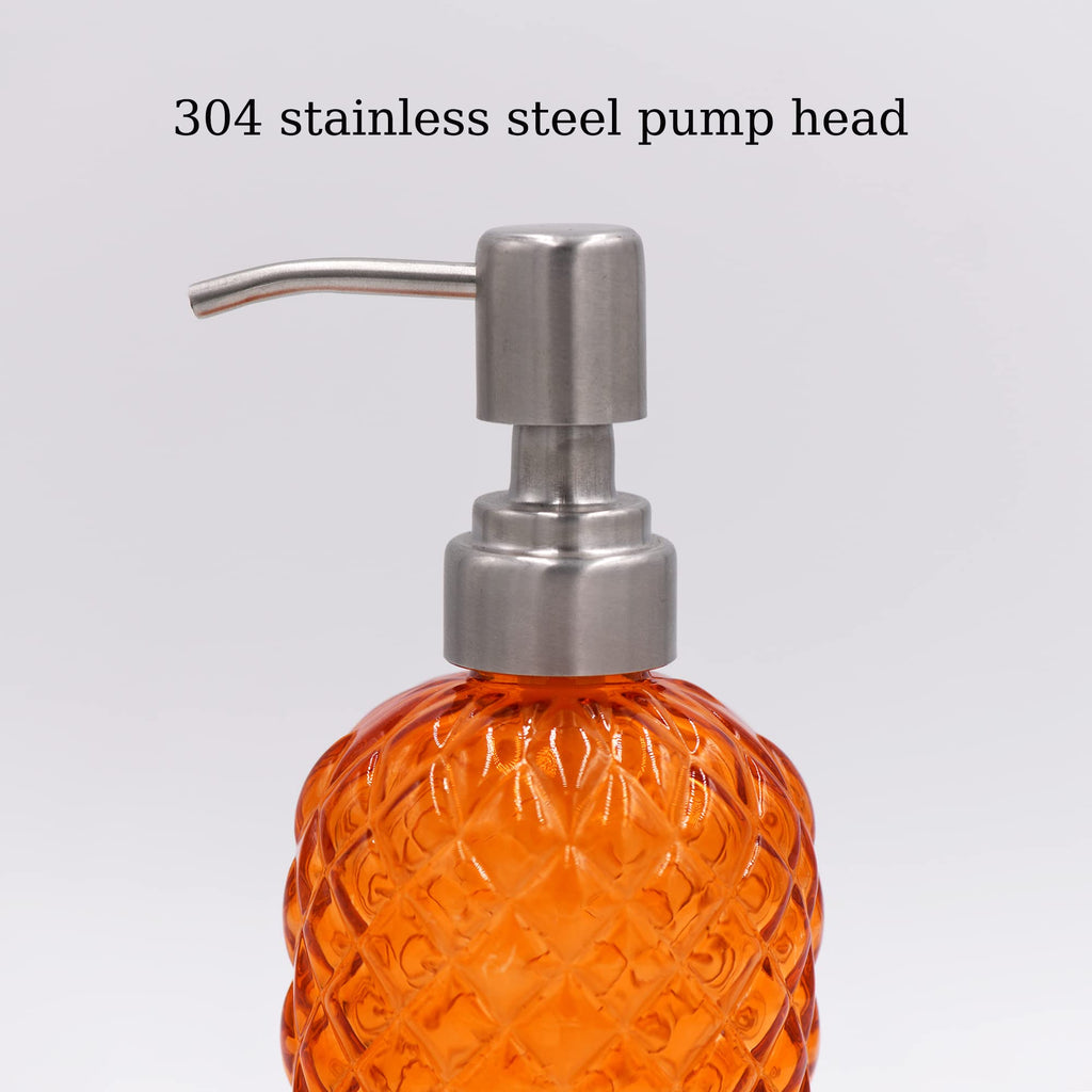 16 oz Diamond Pattern Glass Soap Dispenser, Kitchen and Bathroom Refillable Soap Dispenser with Rust Resistant Stainless Steel Pump for Hand Soap, Lotion Glass Liquid Dispenser(Amber)