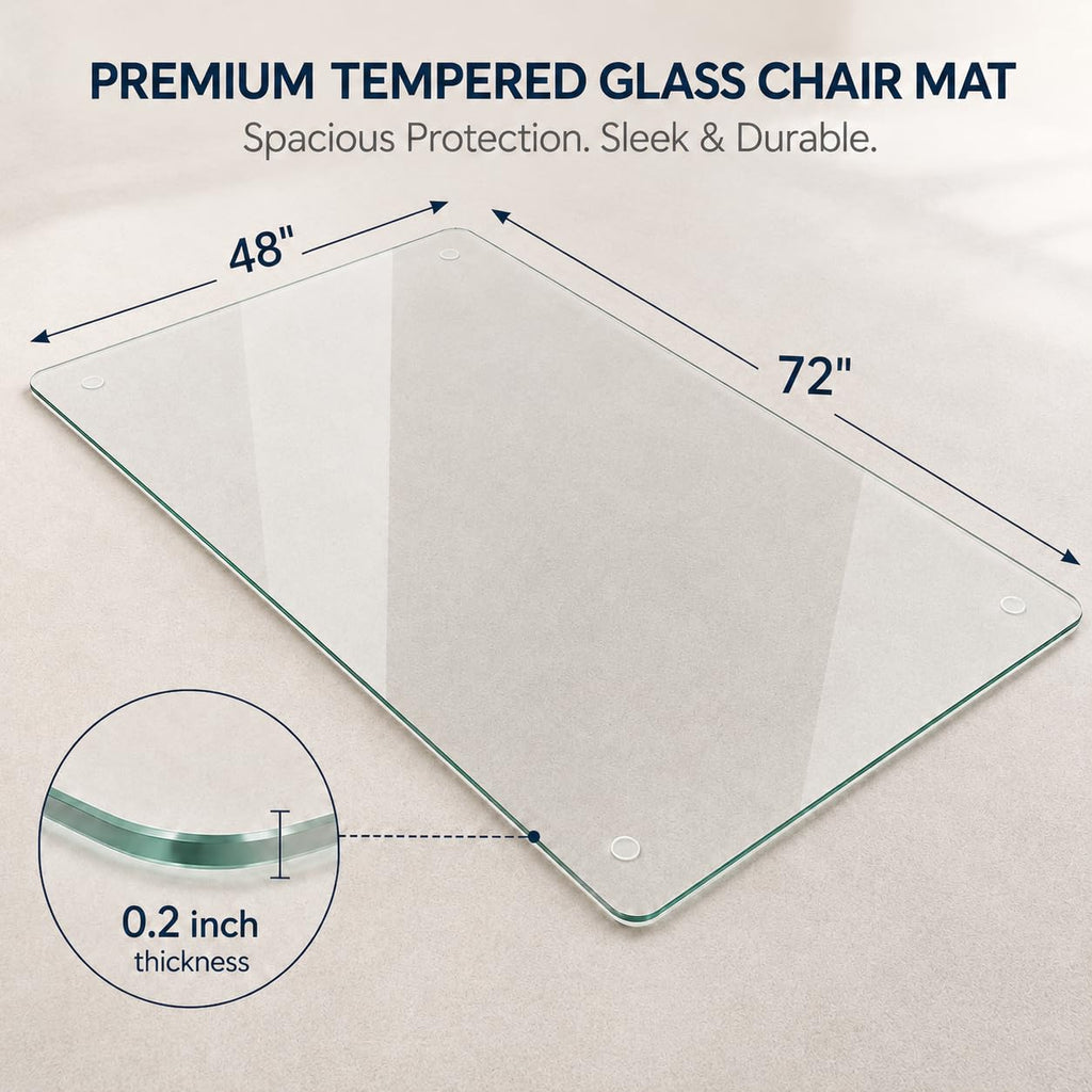 Tempered Glass Chair Mat 48" x 32",1/5" Thick for Office Desk,Rolling Chair Mat for Carpet, Odorless, Easy to Clean with 4 Non-Slip Pads for Carpet & Hardwood Floors