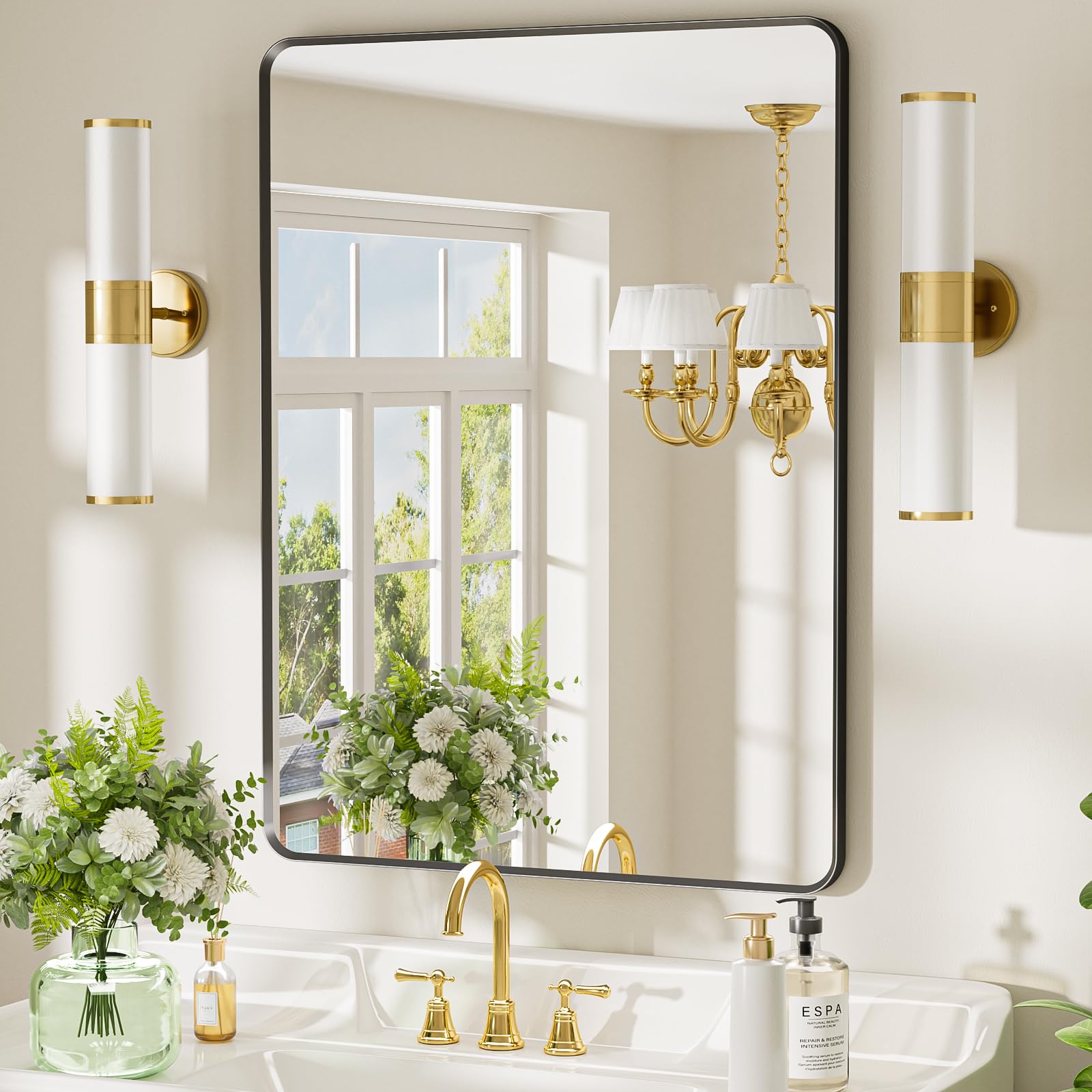 22x30 inch Gold Bathroom Mirror,Rounded Rectangle Gold Metal Framed, HD Tempered Glass, Horizontal or Vertical Hanging, Modern Bathroom Decor