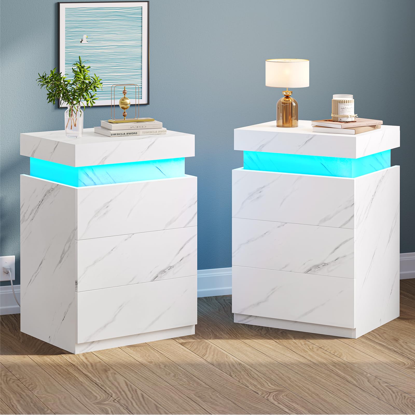 BTHFST LED Nightstands Set of 2,Night Stands for Bedroom Set of 2,Nightstand with Charging Station and Sliding Top,Bedside Table with Power Outlets & Drawers,Modern End Side Table (Black)