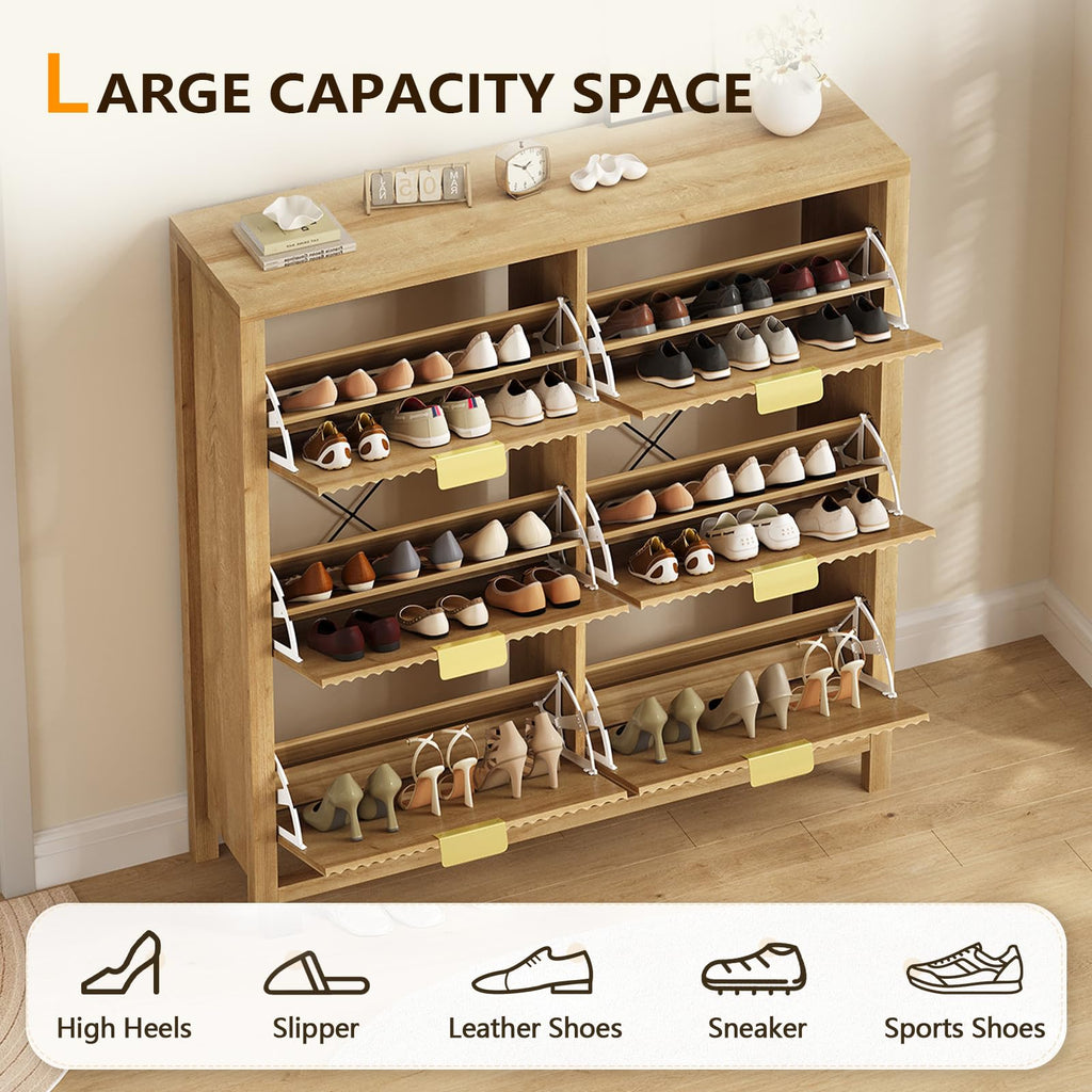 YOMILUVE Shoe Cabinet Storage for Entryway, Fluted Shoe Cabinet with 2 Flip Drawers, Hidden Shoe Rack Tall Freestanding Shoe Organizer with Legs for Hallway, Blue