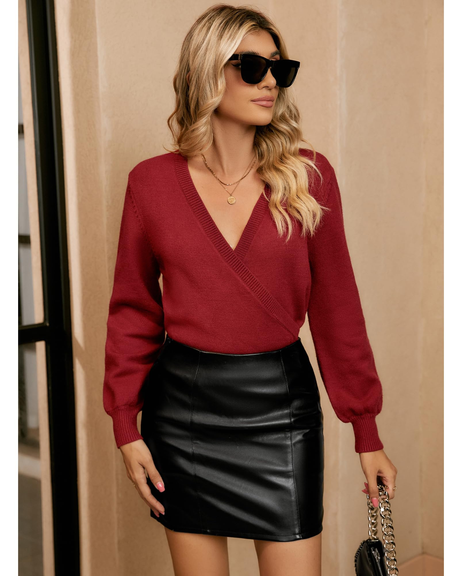 LookbookStore Women's Knit Long Sleeve Faux Wrap Surplice V Neck Sweater Top
